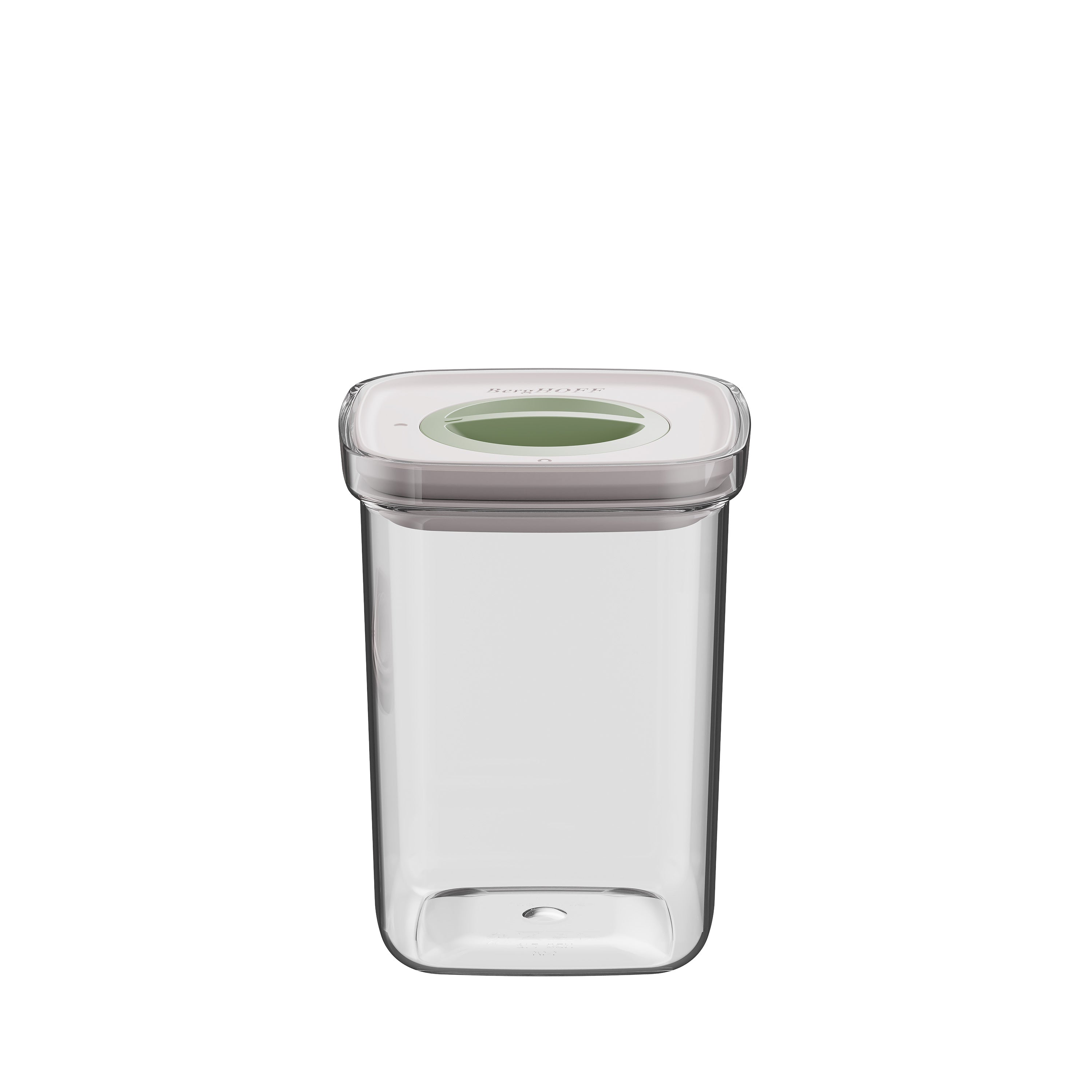 A clear, square food storage container with a white lid and green center is on a white background.