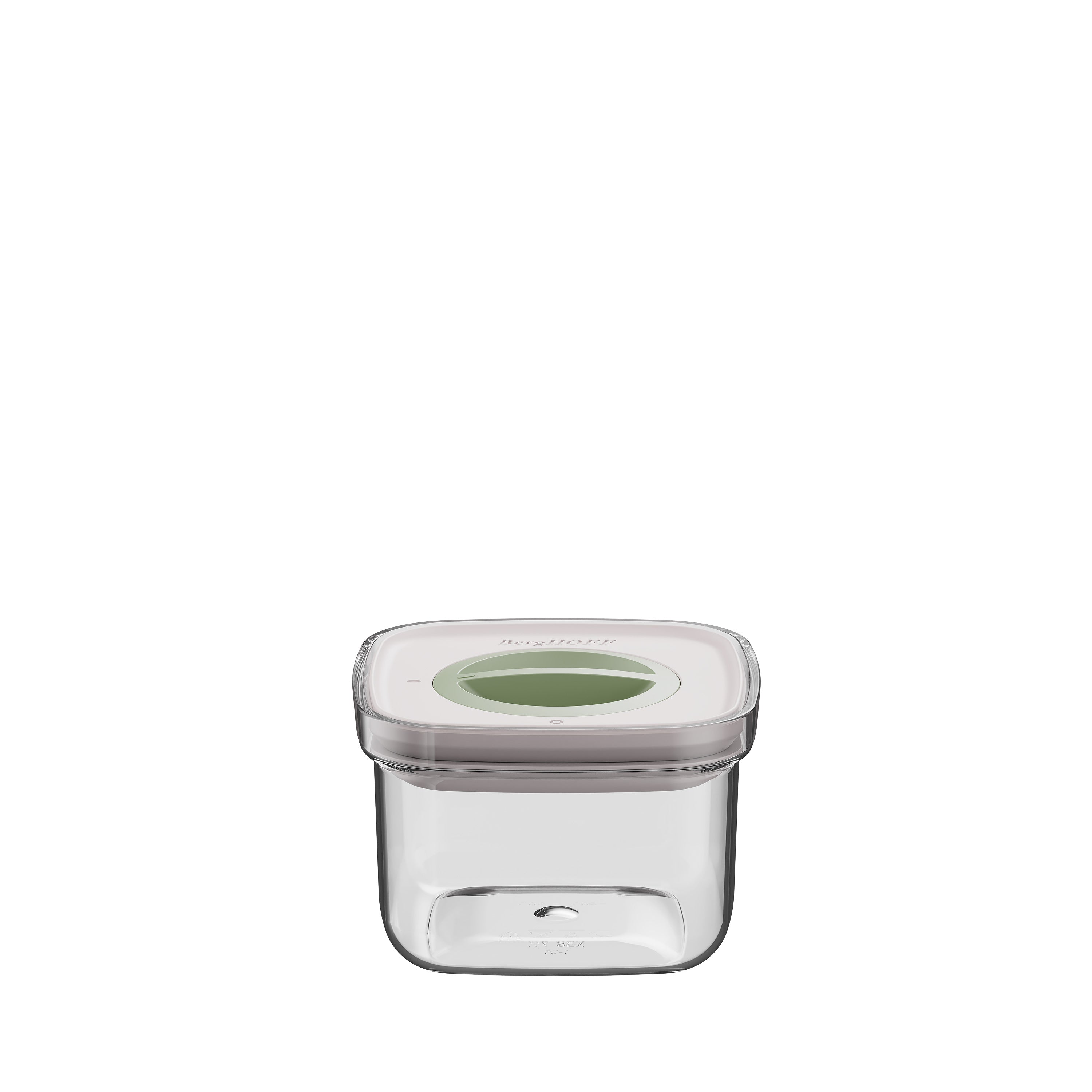 A clear, square food container with a white lid and green accent. The brand name is visible on the lid.