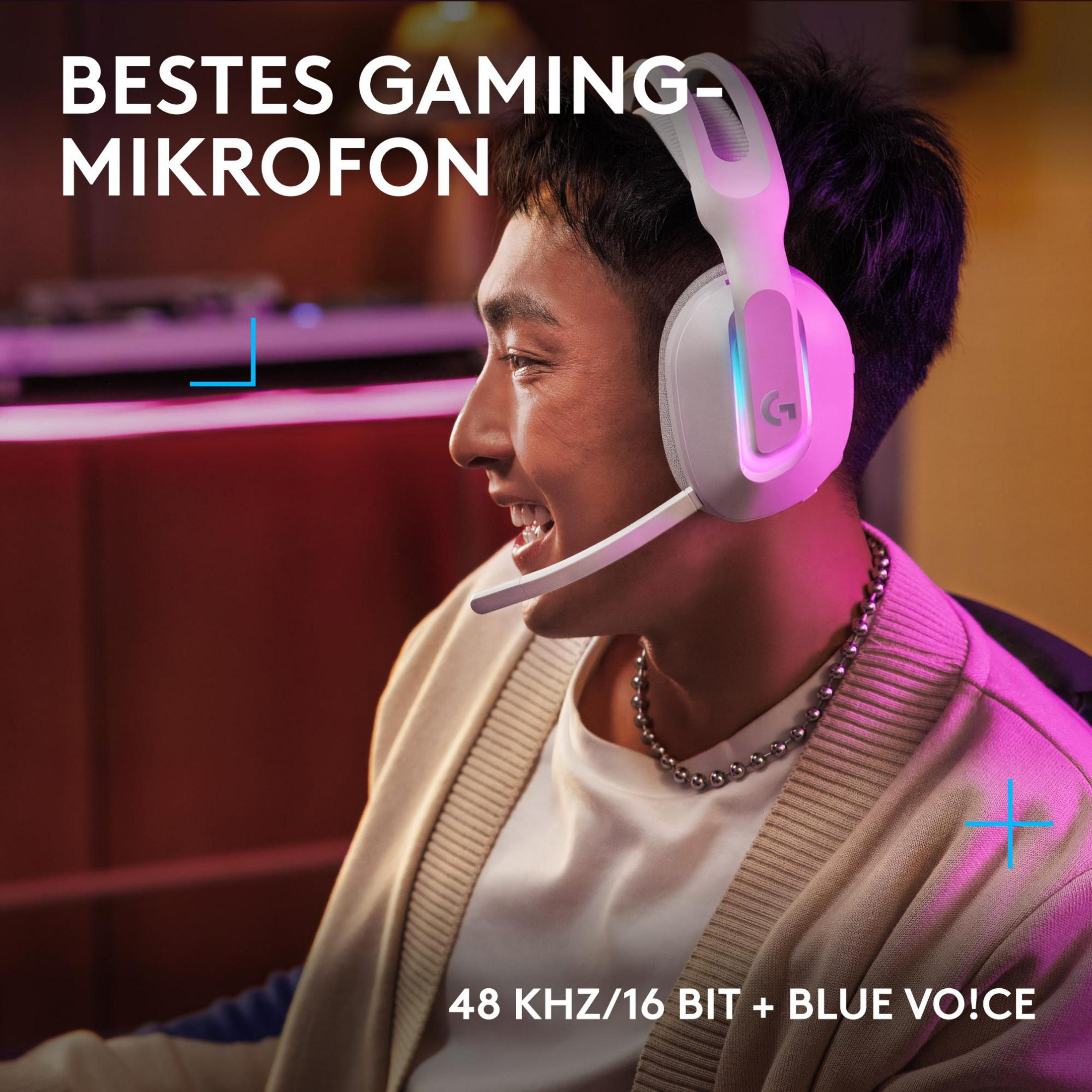 Man wearing a headset with a microphone, smiling. Text says: Bestes Gaming-Mikrofon. Background has purple and red lights.