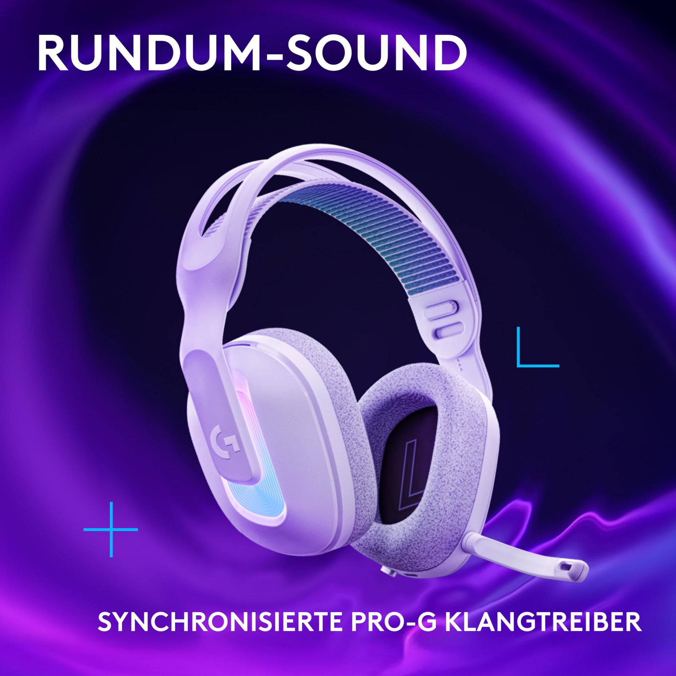 A white and purple headset with a microphone. The background is purple with white text reading 'RUNDUM-SOUND'.