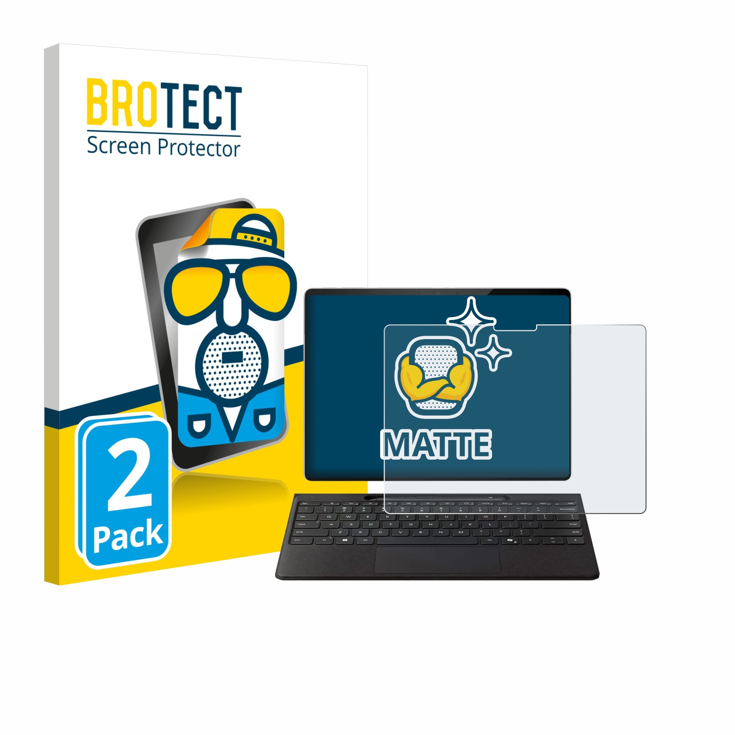 Ein Displayschutz-Kit mit Tablet, Tastatur und stilisiertem Bild eines Gesichts mit Brille und dem Wort 'MATTE'.