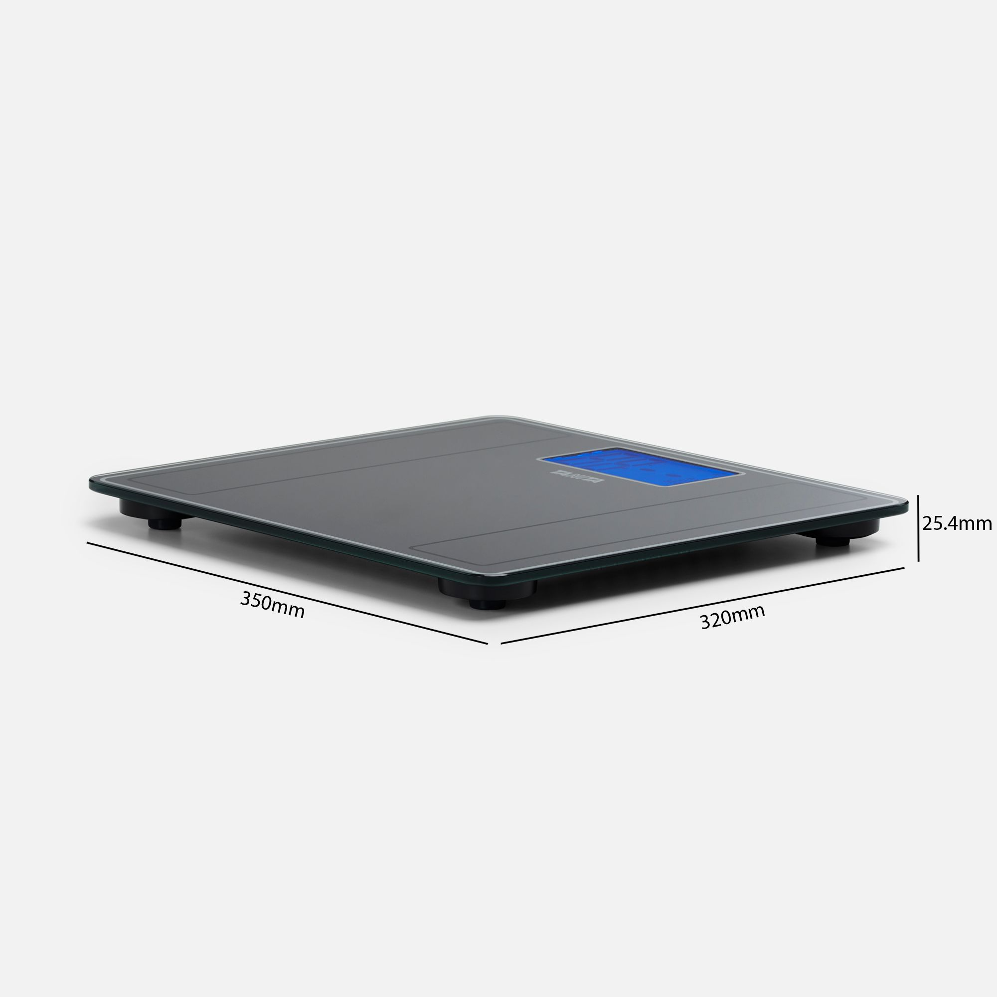 A digital scale on a white background. It's square, gray, and has a blue display. Dimensions are shown.