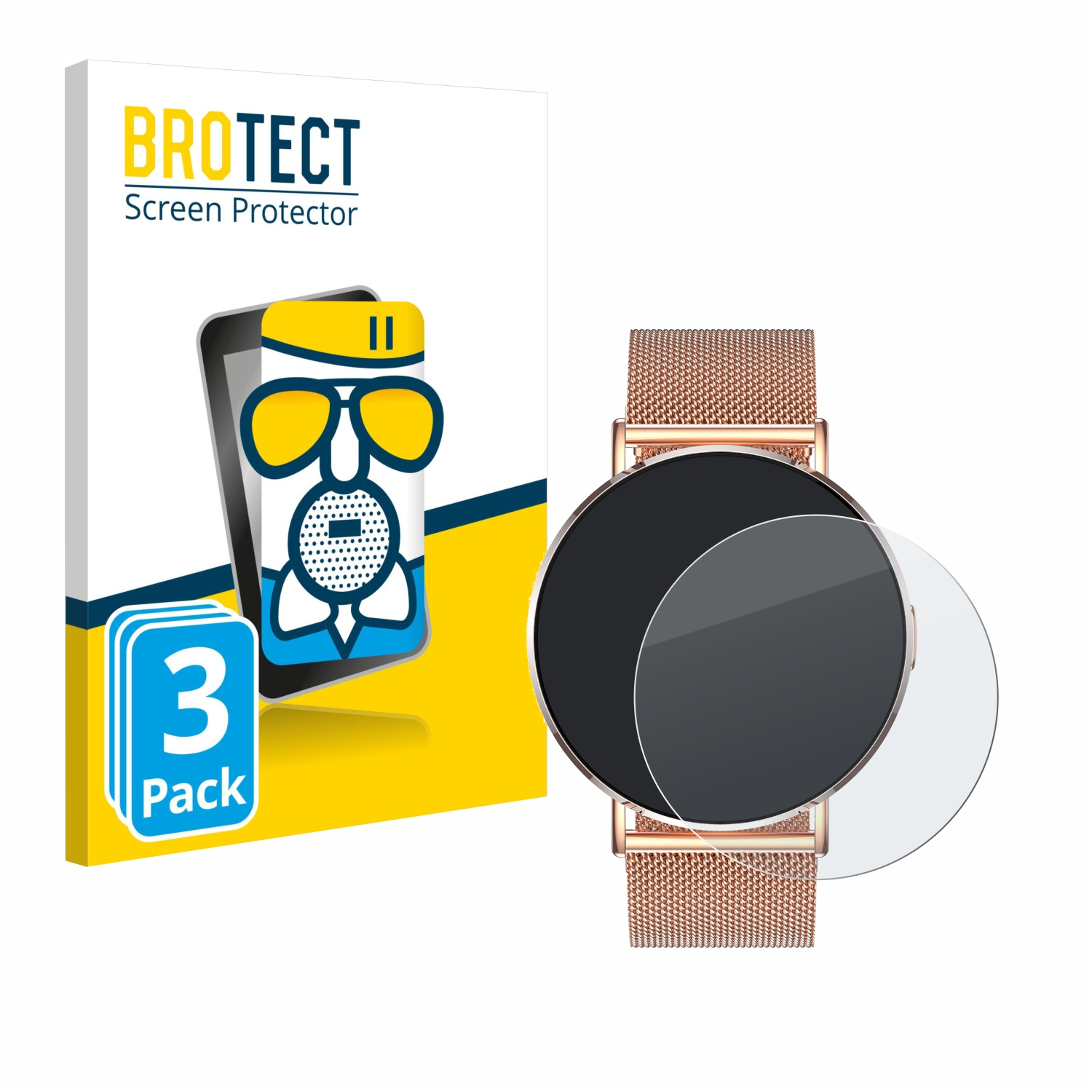Eine Smartwatch und eine Displayschutzfolienverpackung werden angezeigt. Die Uhr hat ein roségoldenes Armband und einen schwarzen Bildschirm. Die Verpackung sagt 'BROTECT'.