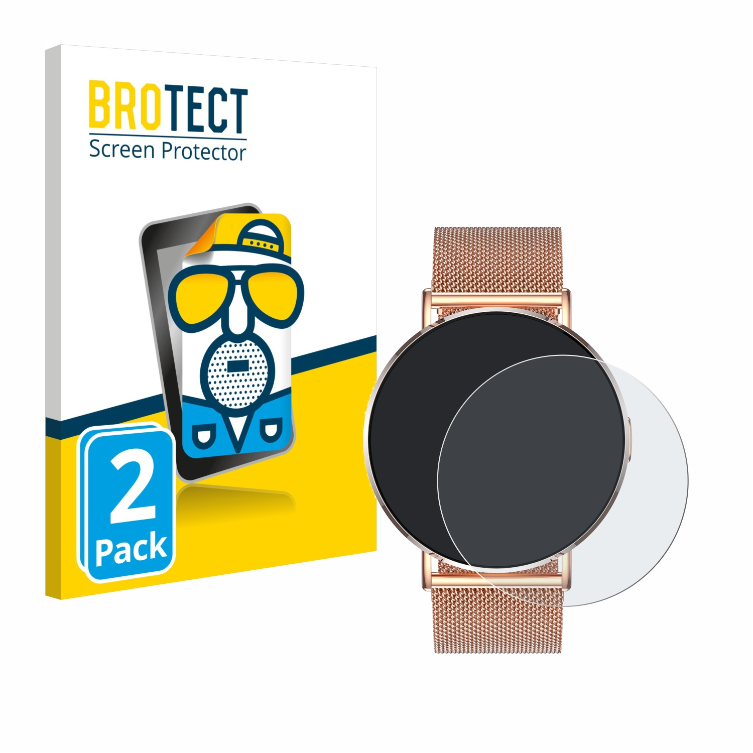Eine Uhr und ein Displayschutz-Paket. Die Uhr hat ein roségoldenes Armband und einen dunklen Bildschirm. Der Schutz ist transparent.