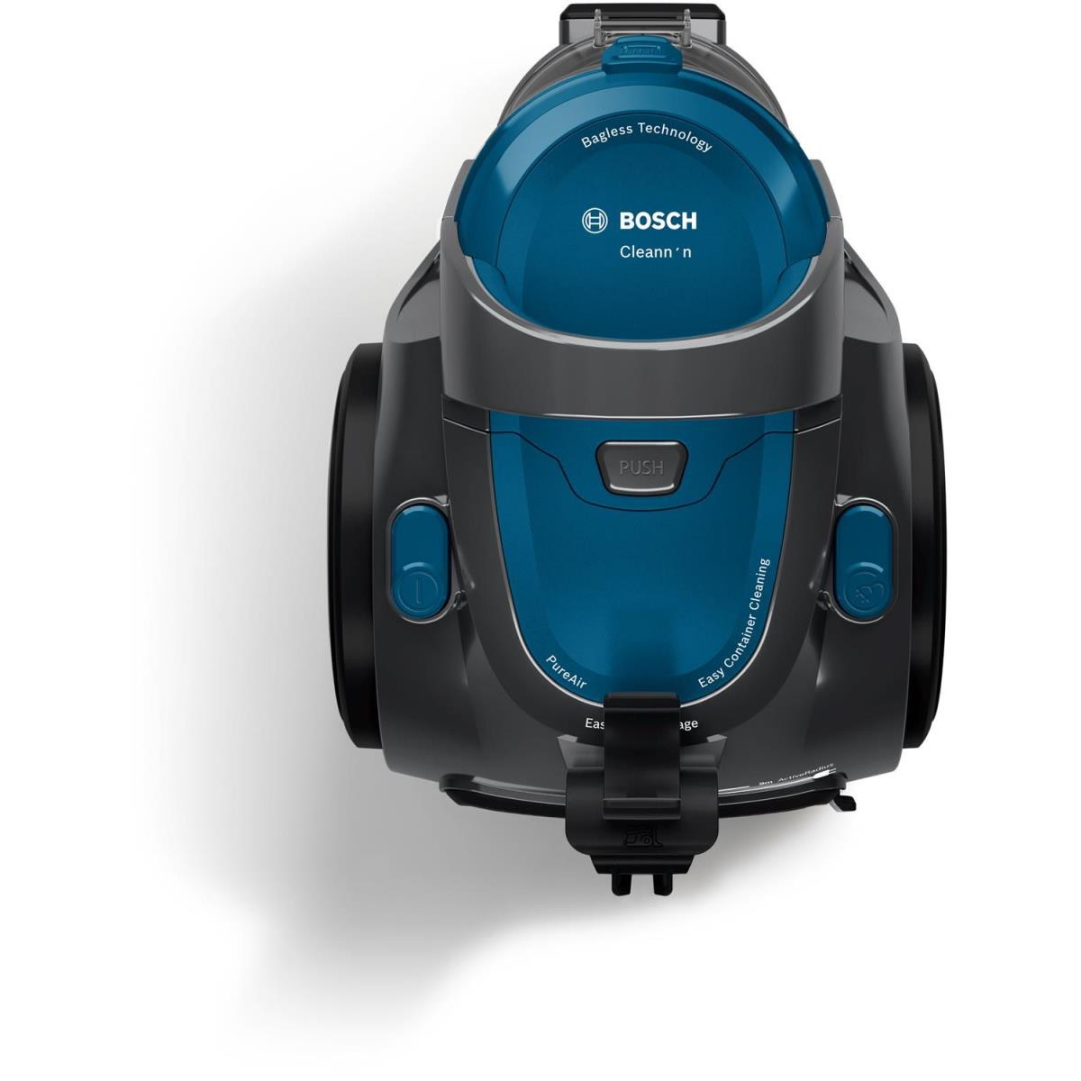 Odkurzacz Bosch, widok z góry. Niebieski i szary korpus. Oznaczenia 'Bagless Technology' i 'PureAir'. Białe tło.