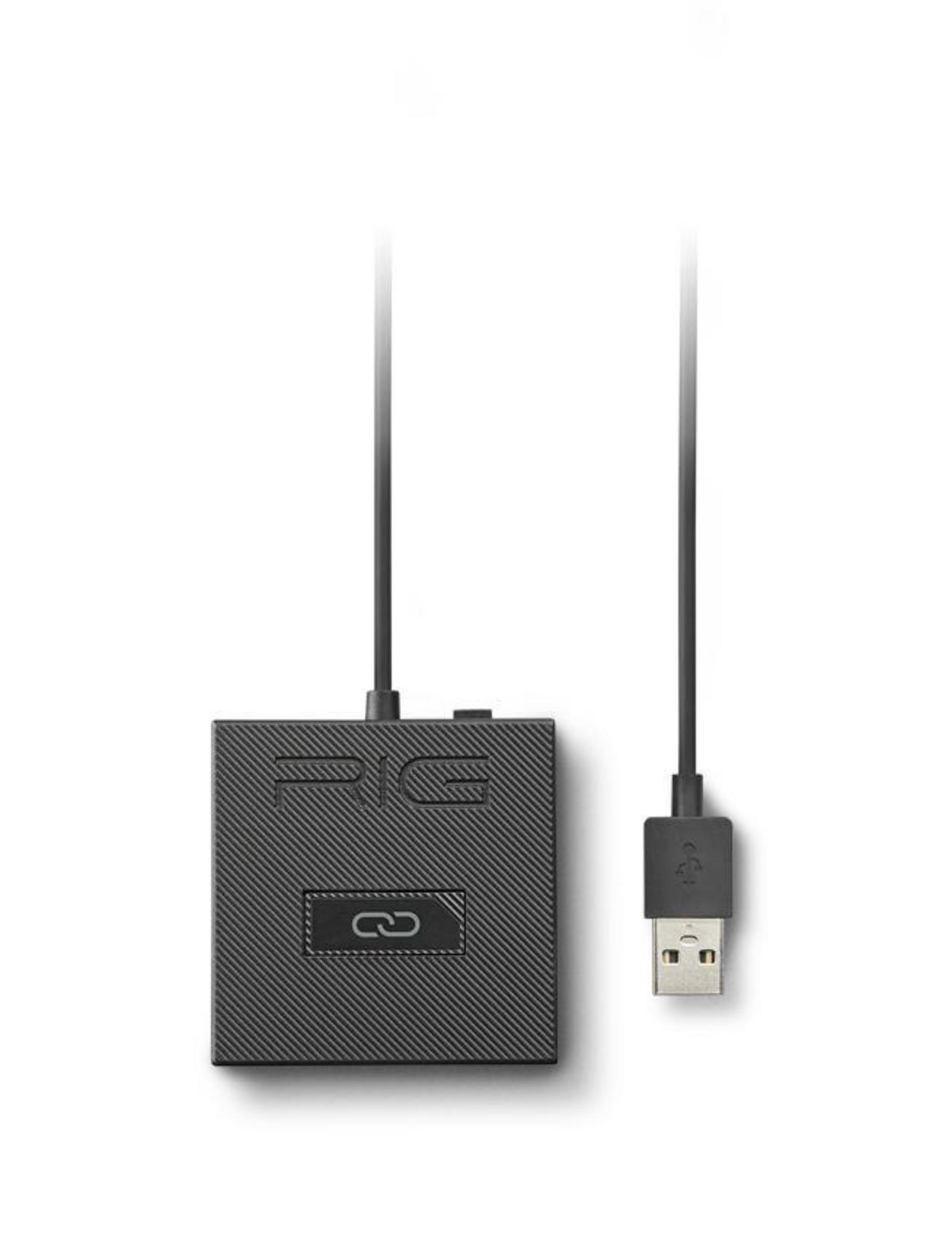 Czarne urządzenie Rig z kablem USB. Urządzenie jest kwadratowe z logo i symbolem łącza. Białe tło.