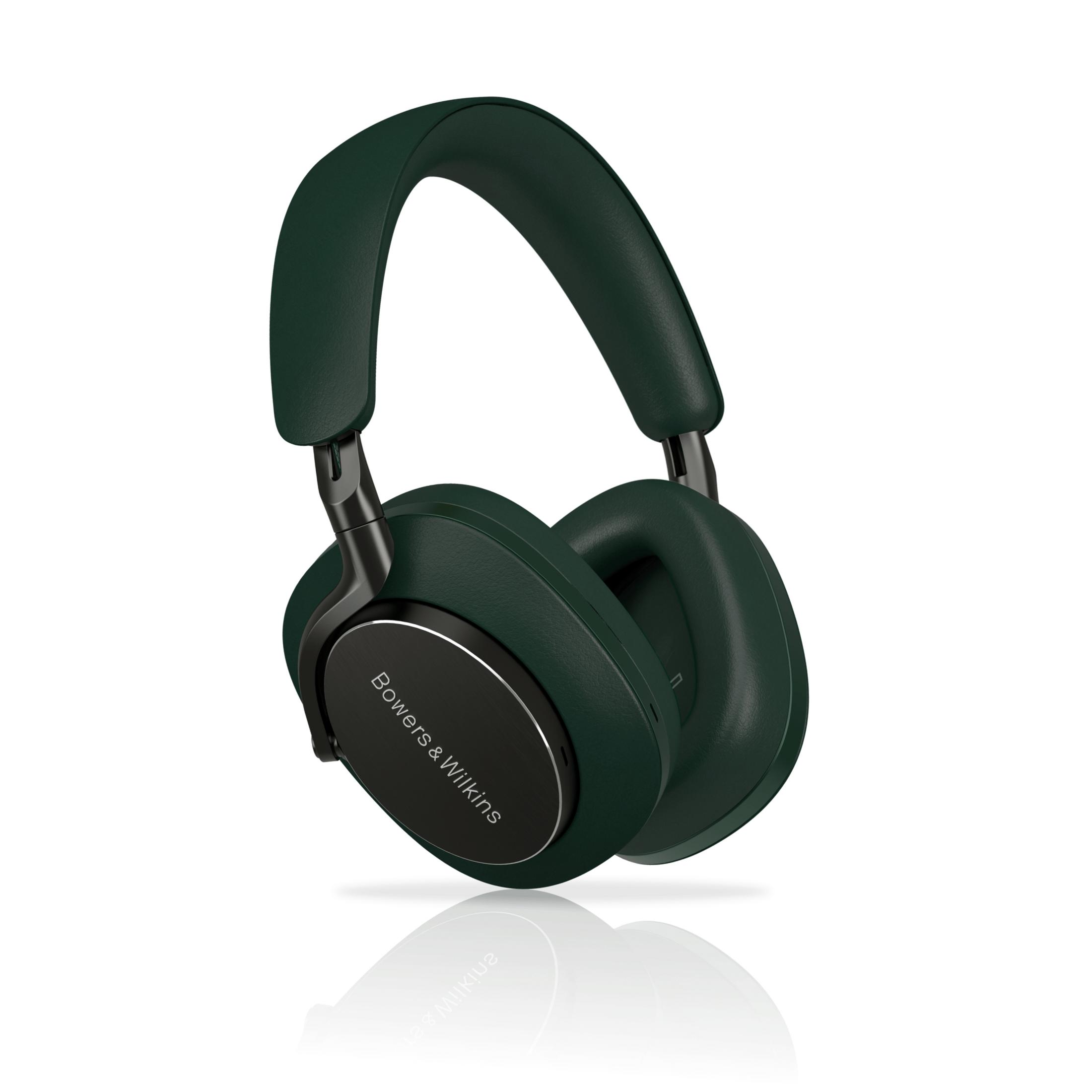 Zielone słuchawki Bowers & Wilkins na białym tle. Słuchawki mają srebrny pierścień i czarne centrum.