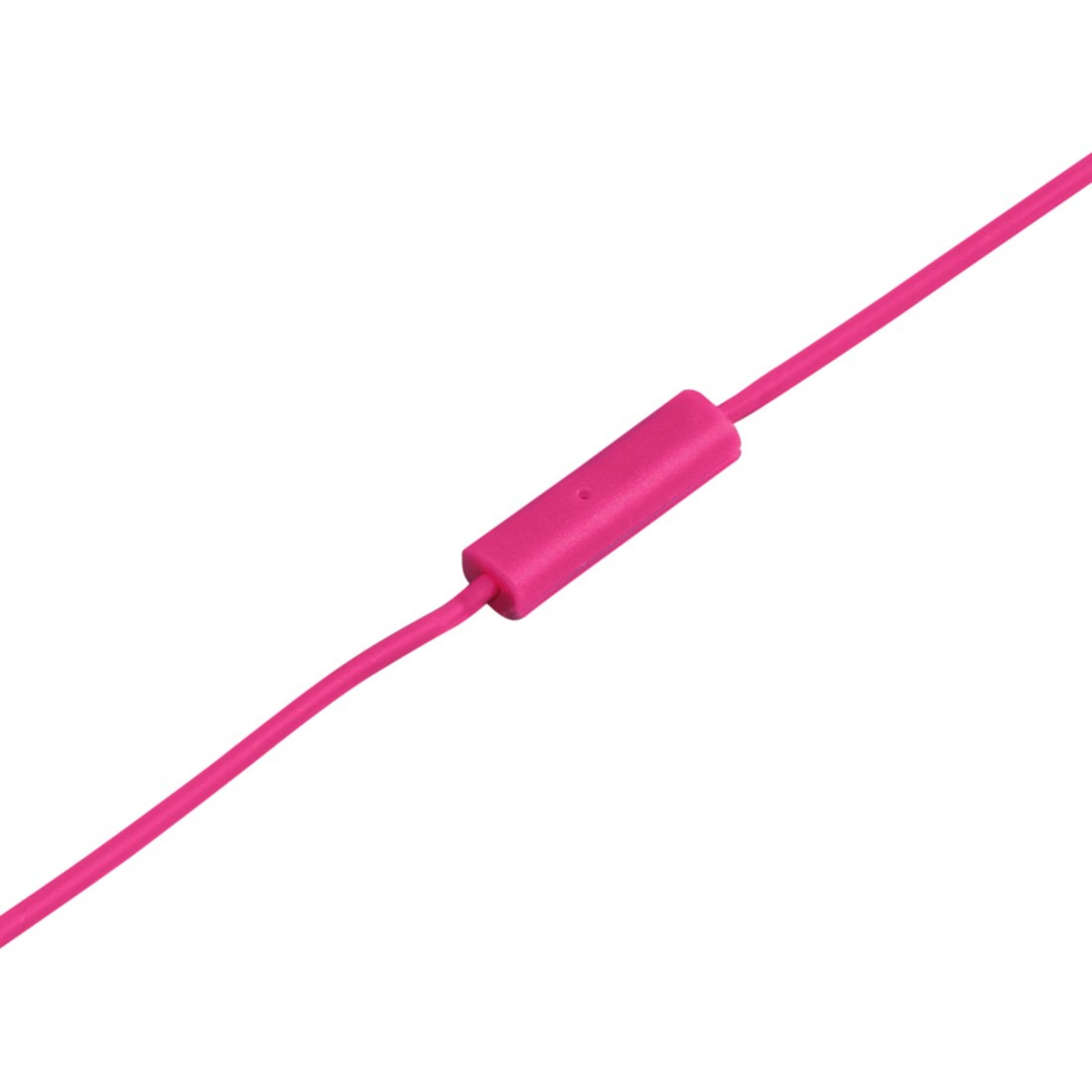 Ein rosa Kabel mit einem rosa Steuermodul in der Mitte. Der Hintergrund ist weiß.