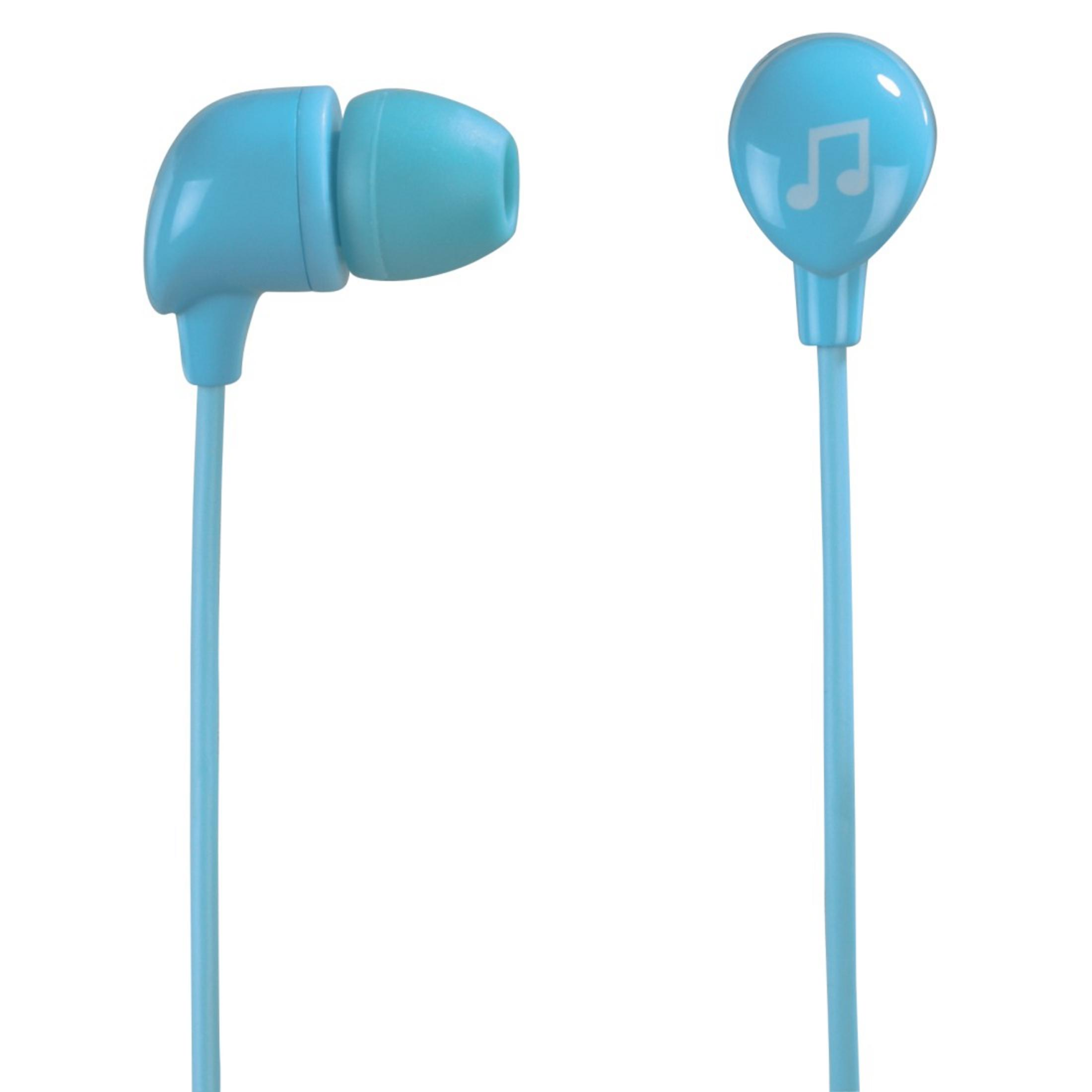 Hellblaue Ohrhörer mit einer Musiknote auf einem. Kabel verlaufen nach unten. Weißer Hintergrund.