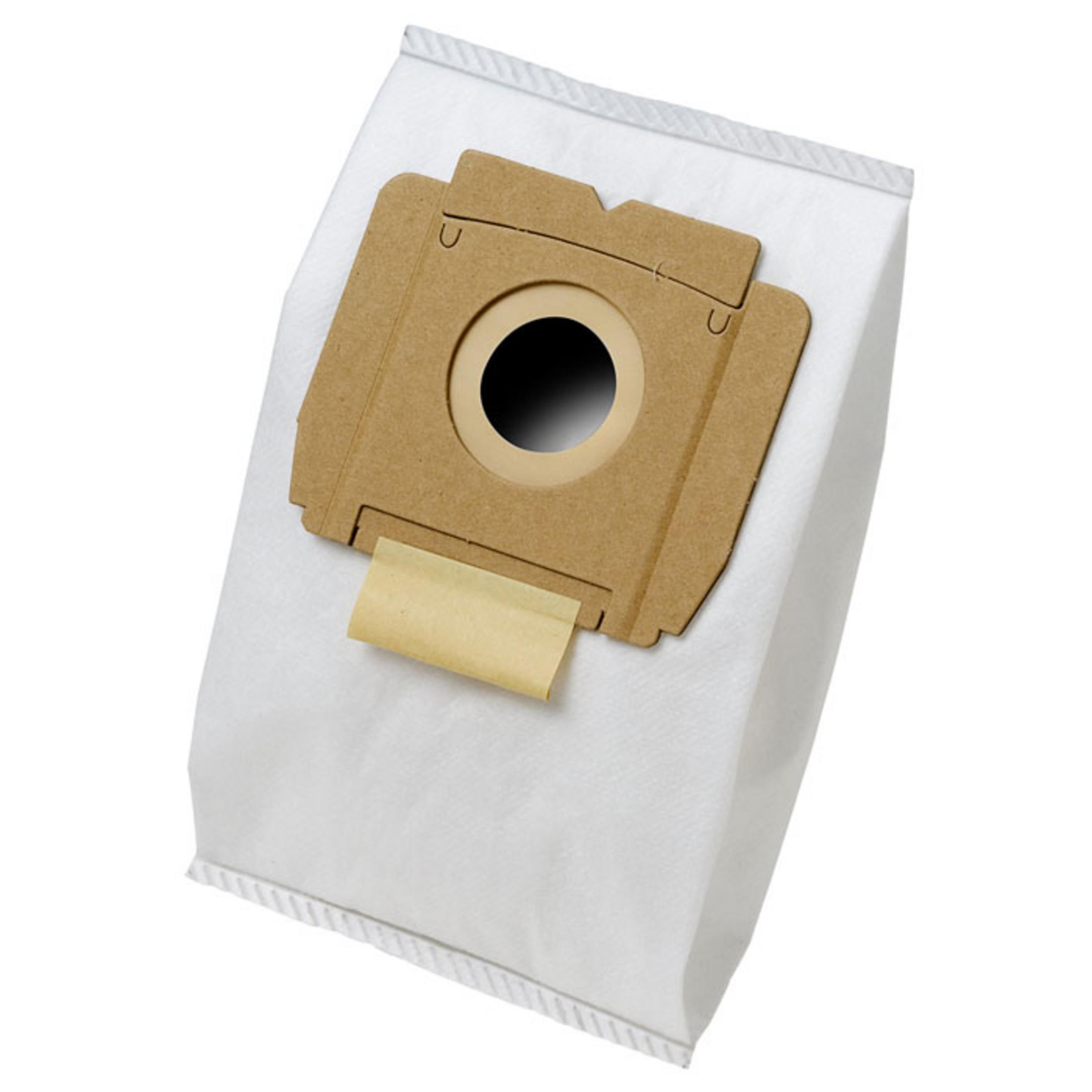 Bolsa de aspiradora. Bolsa de papel blanco con una inserción de cartón marrón y una abertura circular negra.