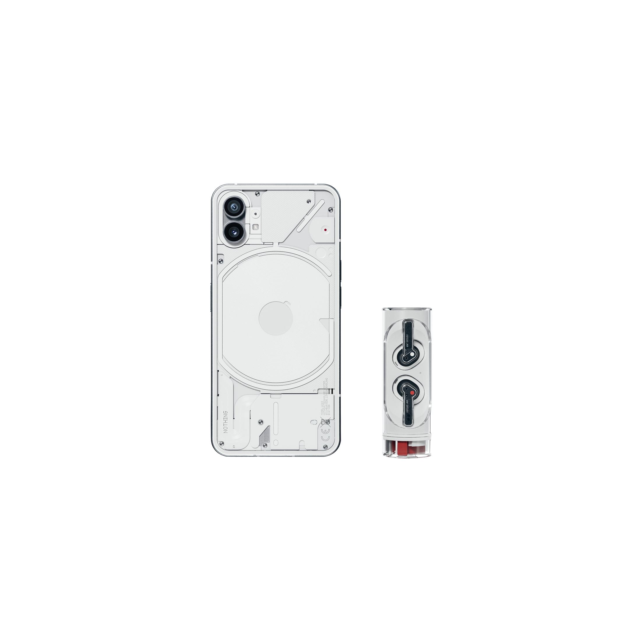 Un teléfono transparente y una funda para auriculares en blanco. El teléfono tiene dos cámaras y los auriculares están en una funda transparente.