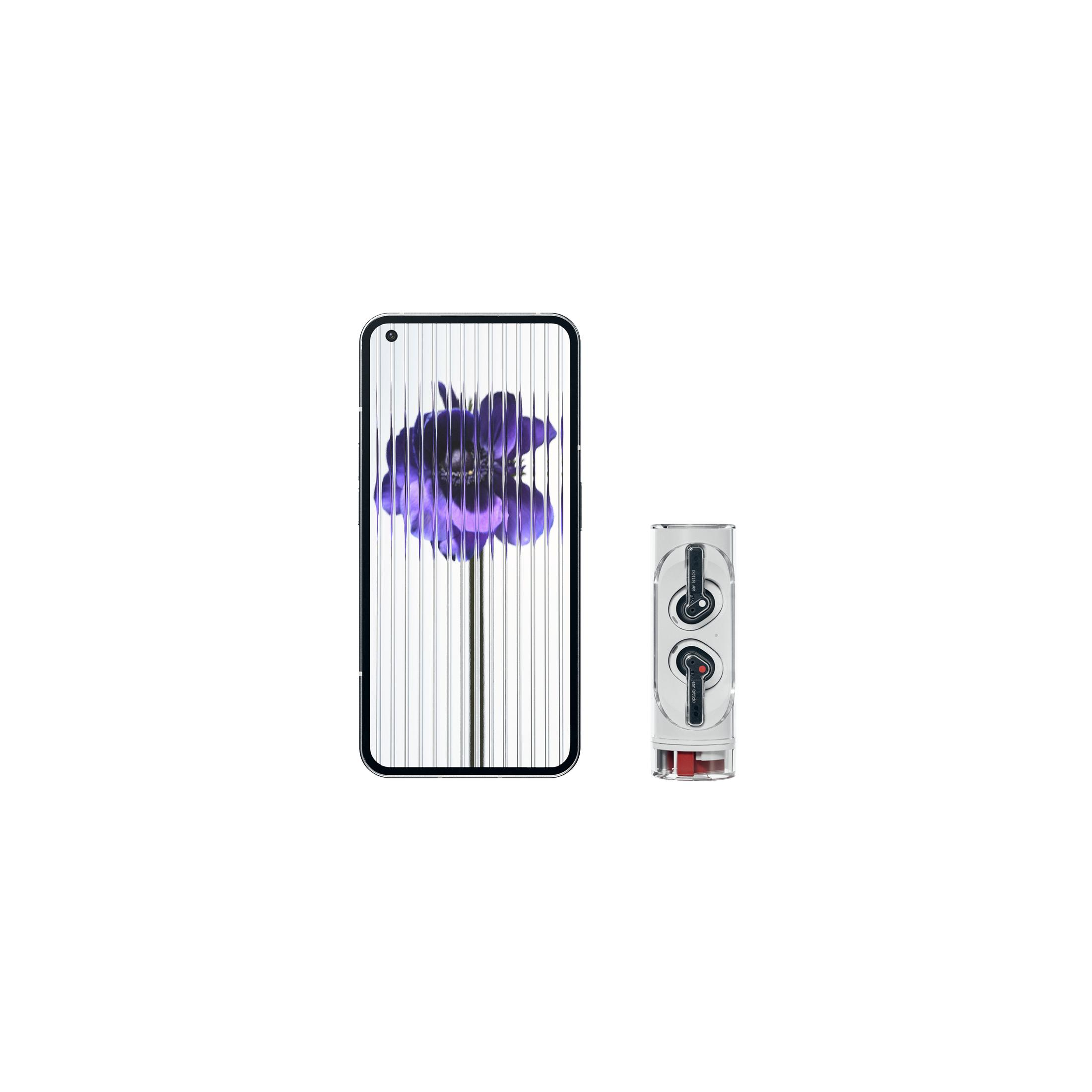 Un teléfono inteligente con un fondo de pantalla de una flor morada junto a un estuche de auriculares blanco. Ambos sobre un fondo blanco.