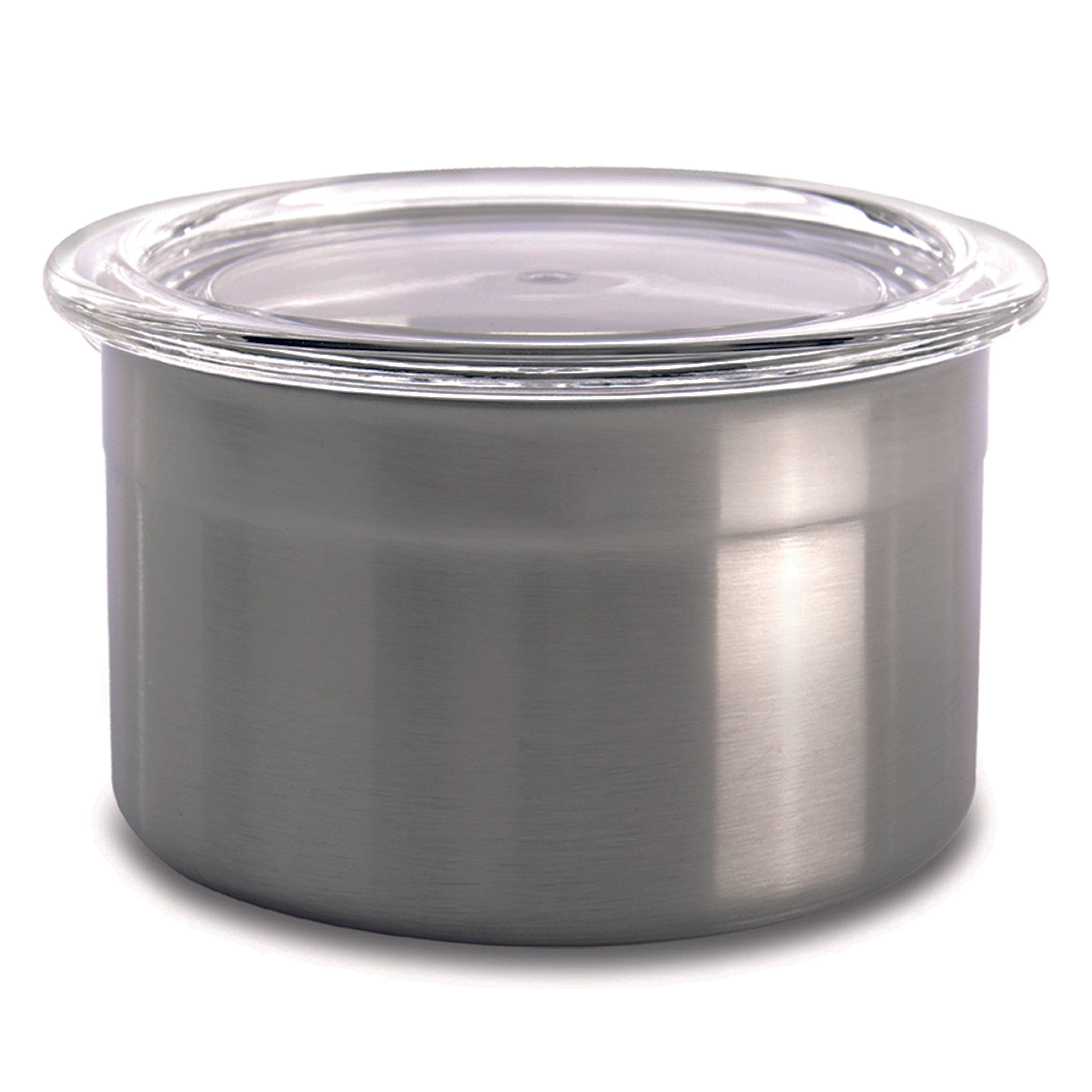 A stainless steel bowl with a transparent glass lid, set against a white background. The bowl is cylindrical.