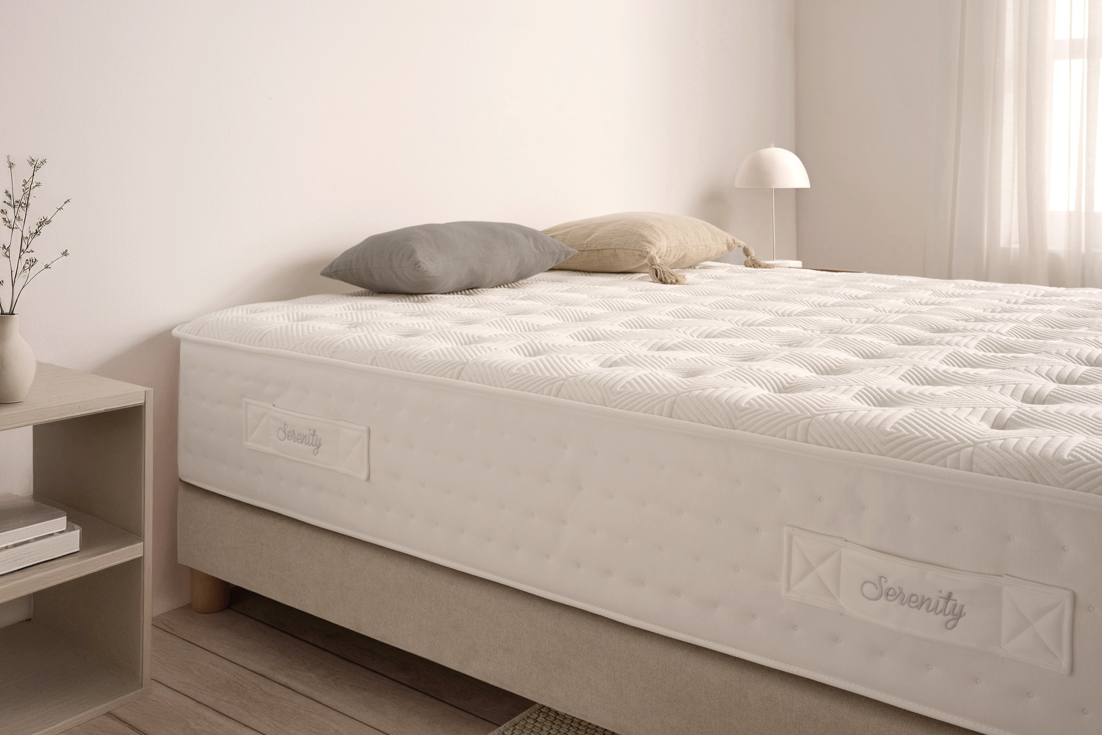 Una cama con un colchón blanco y dos almohadas. Una lámpara a la derecha. Una mesita a la izquierda con un jarrón y libros.