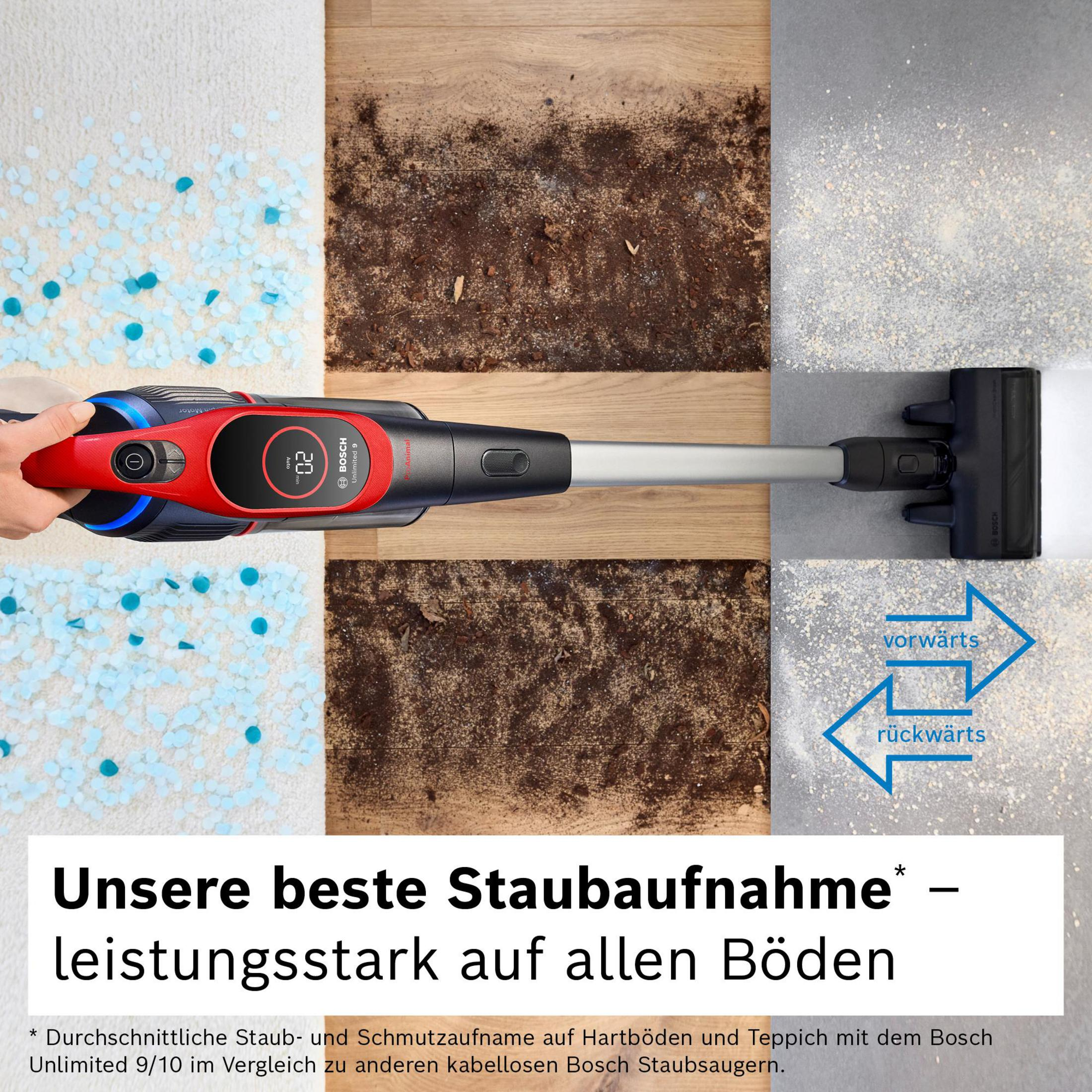 Staubsauger auf verschiedenen Oberflächen, mit blauen und braunen Ablagerungen, zeigt Vorwärts- und Rückwärtsrichtungen.