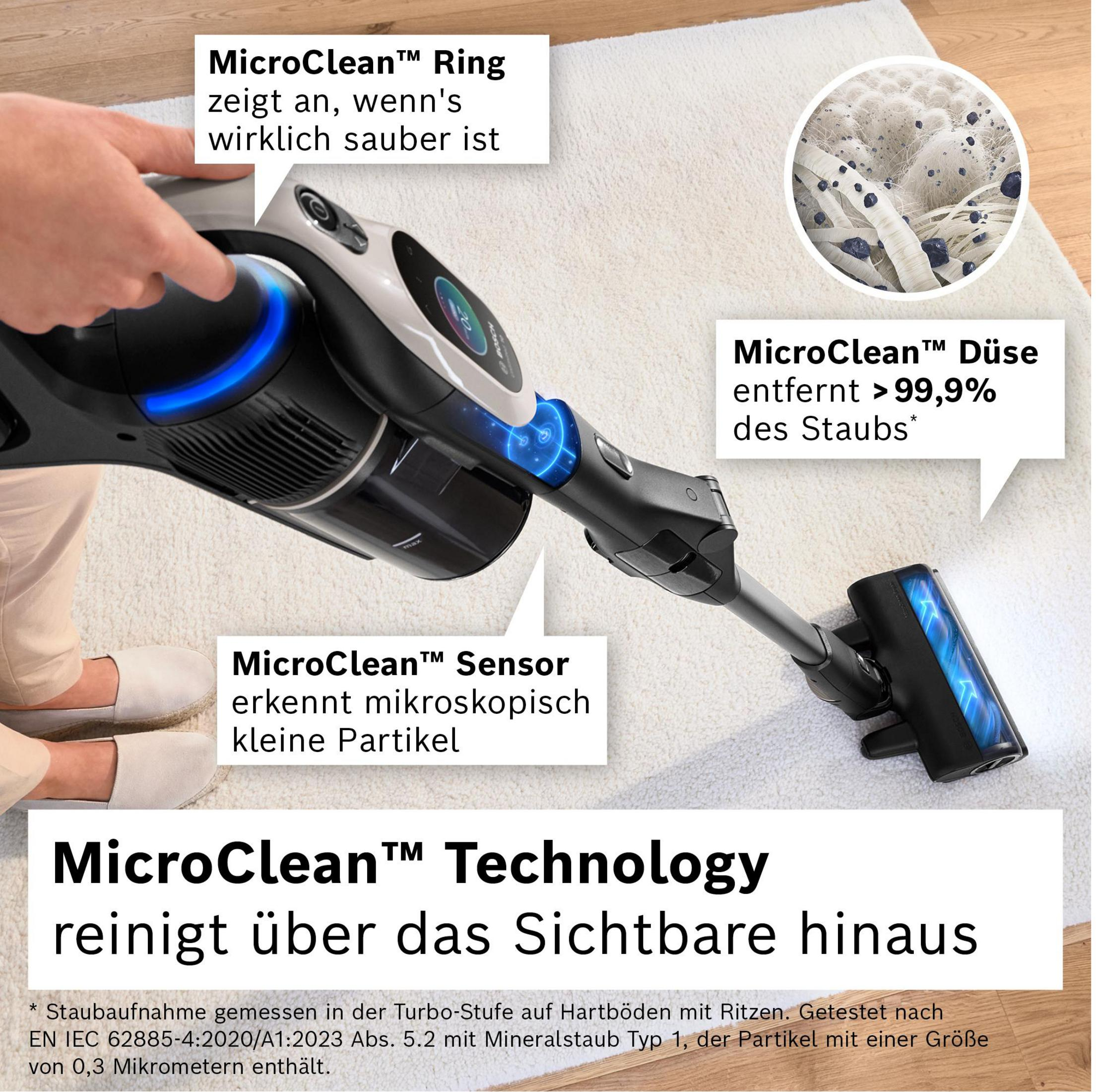 Ein Staubsauger auf einem weißen Teppich. Details zeigen seine Funktionen: Sensor, Ring, Düse und Technologie, mit Text.