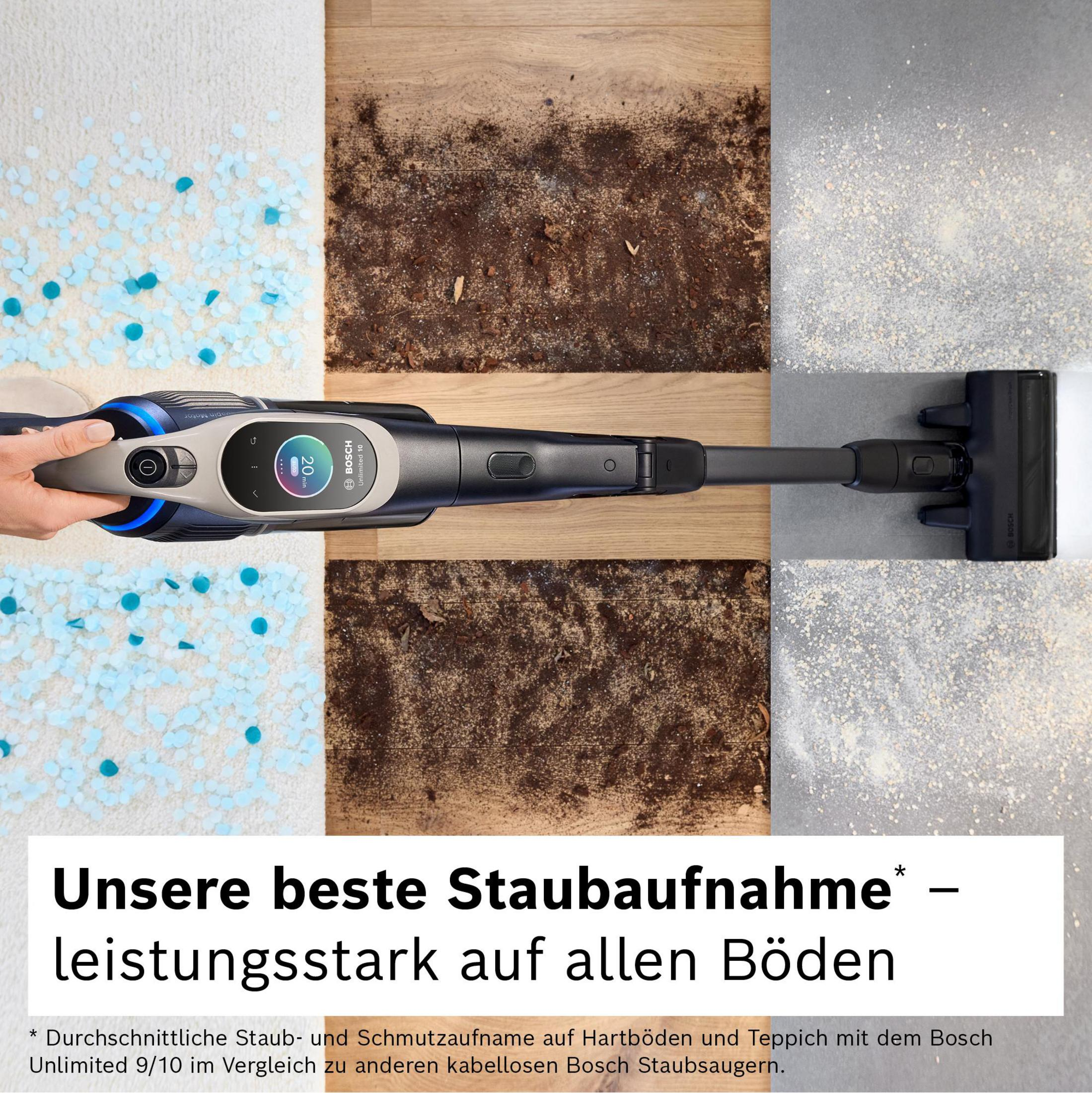 Staubsauger reinigt drei Bodentypen: Teppich mit blauen Perlen, Holz mit Schmutz und grauer Boden mit Pulver.