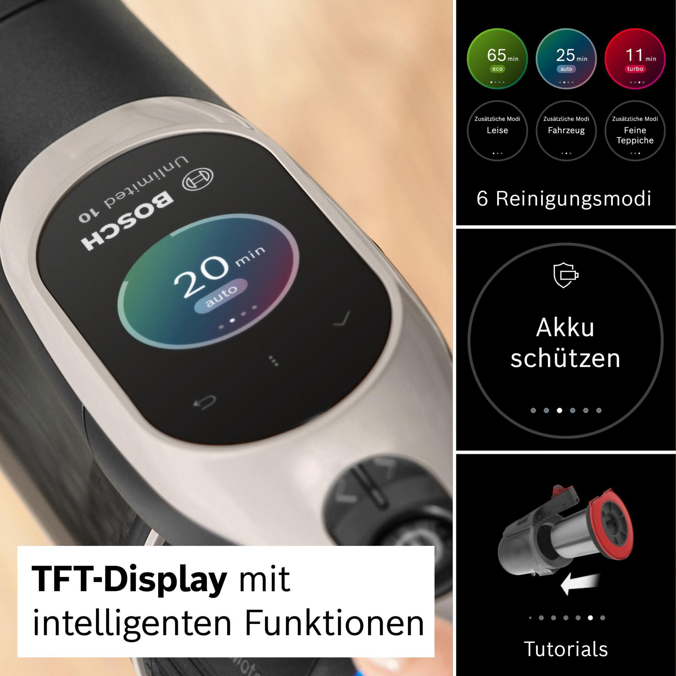 Bosch-Staubsauger mit TFT-Display, das Zeit und Reinigungsmodi anzeigt. Zusätzliche Symbole zeigen Batterie-Info und Tutorials.