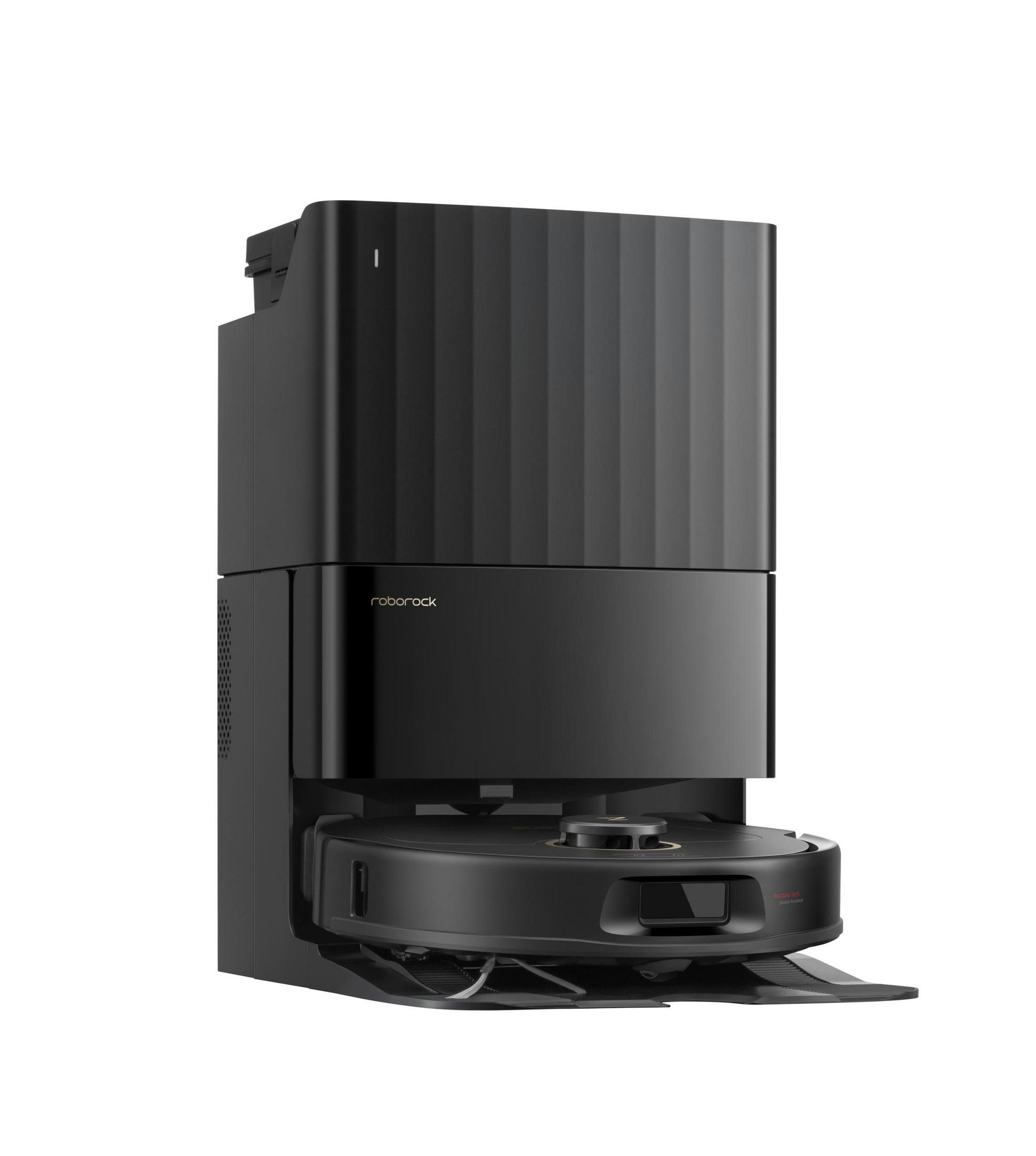 Black Roborock robot vacuum cleaner and docking station, with the brand name on the front, isolated on a white background.