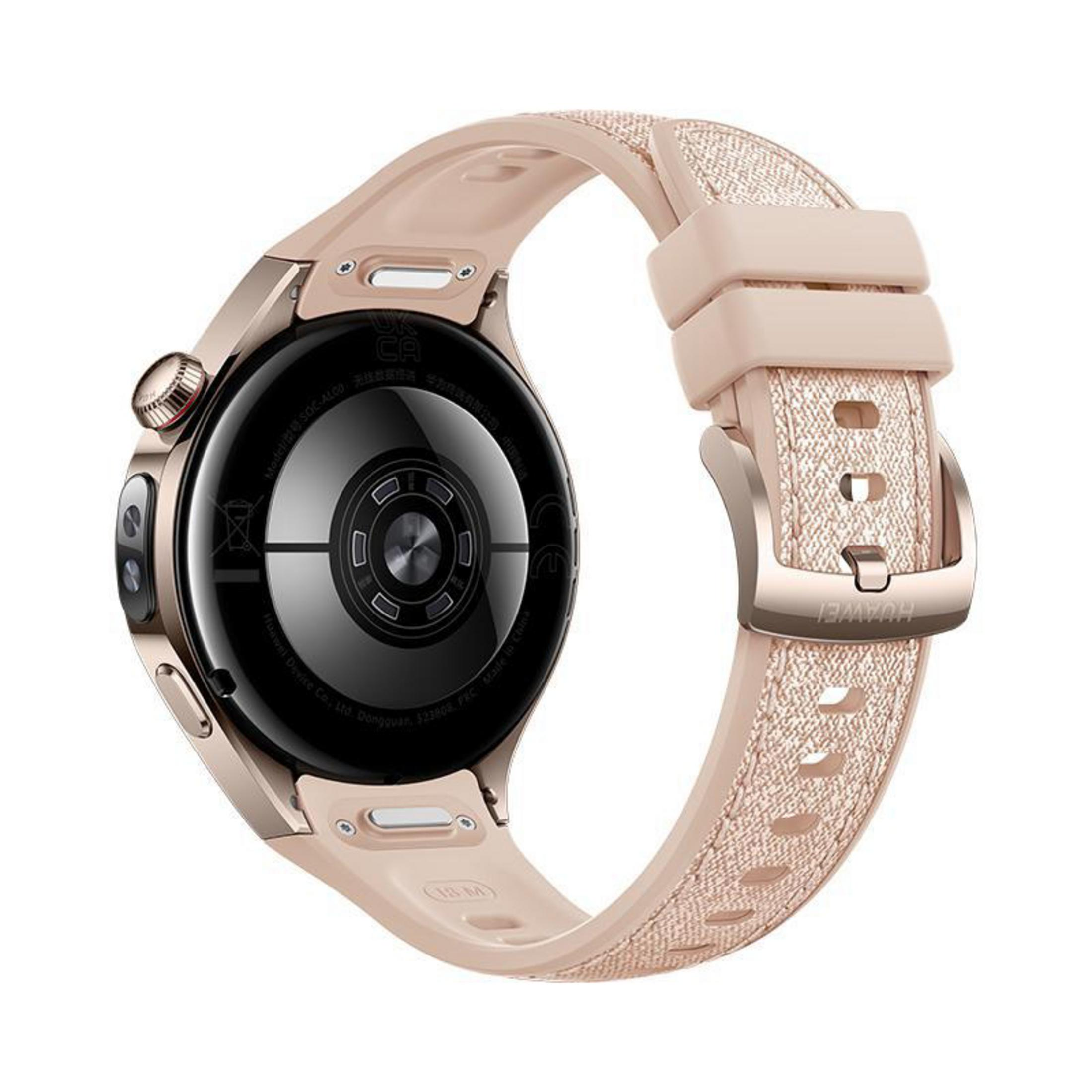 Een roségouden smartwatch met bijpassende band. De wijzerplaat is zwart. De band heeft een geweven textuur en een gesp.