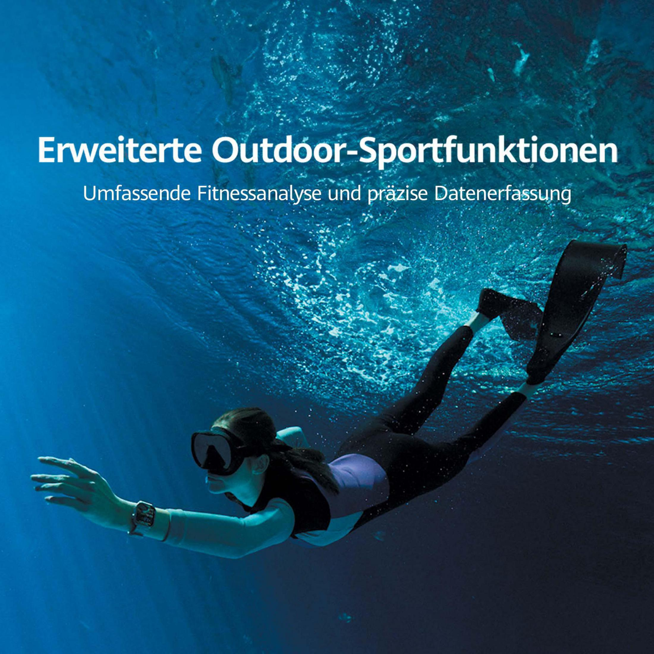 Osoba pływa pod wodą w masce, płetwach i smartwatchu. Tekst: Rozszerzone funkcje sportowe na świeżym powietrzu.