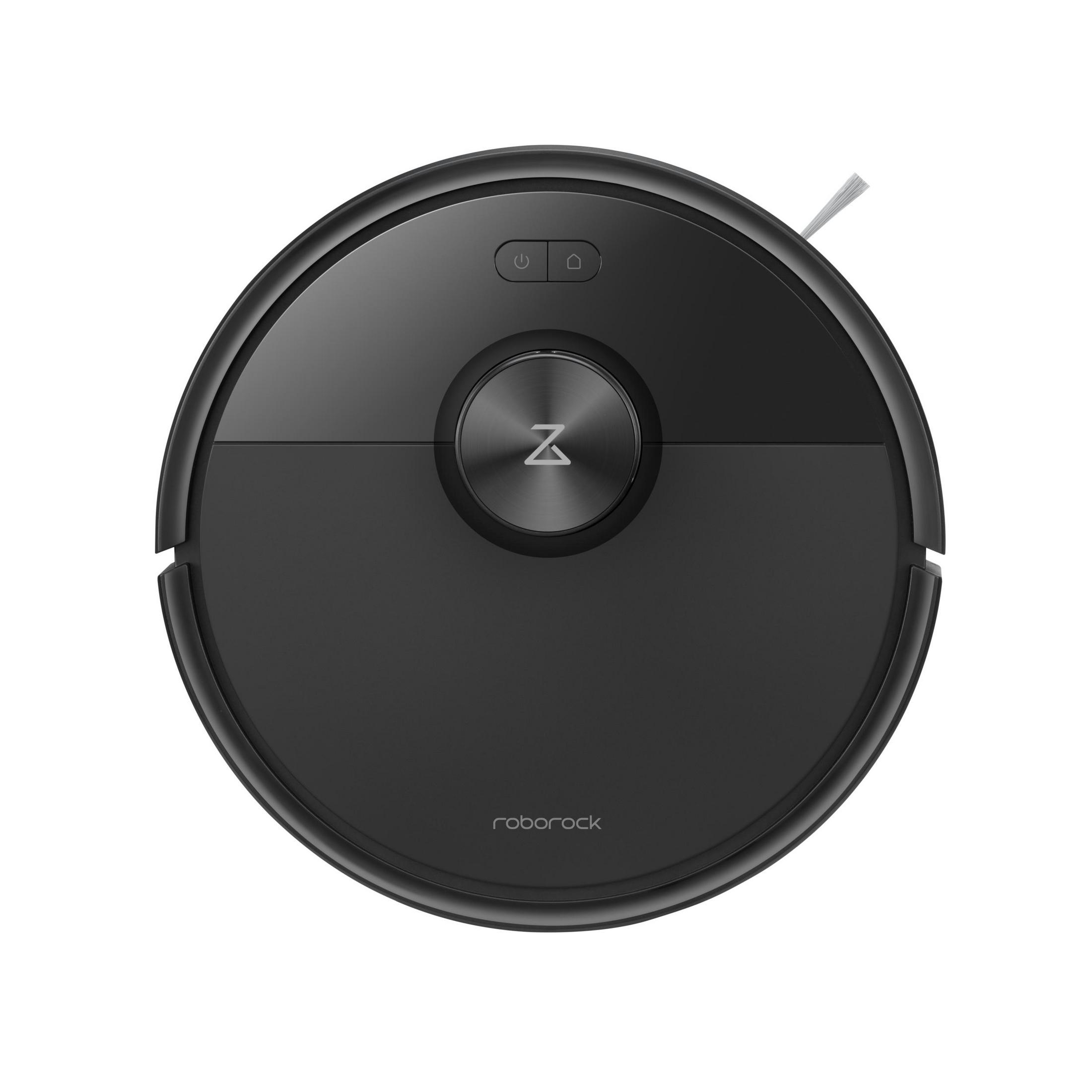 Un robot aspirateur rond noir sur fond blanc. Il y a des boutons, un logo et une brosse latérale.