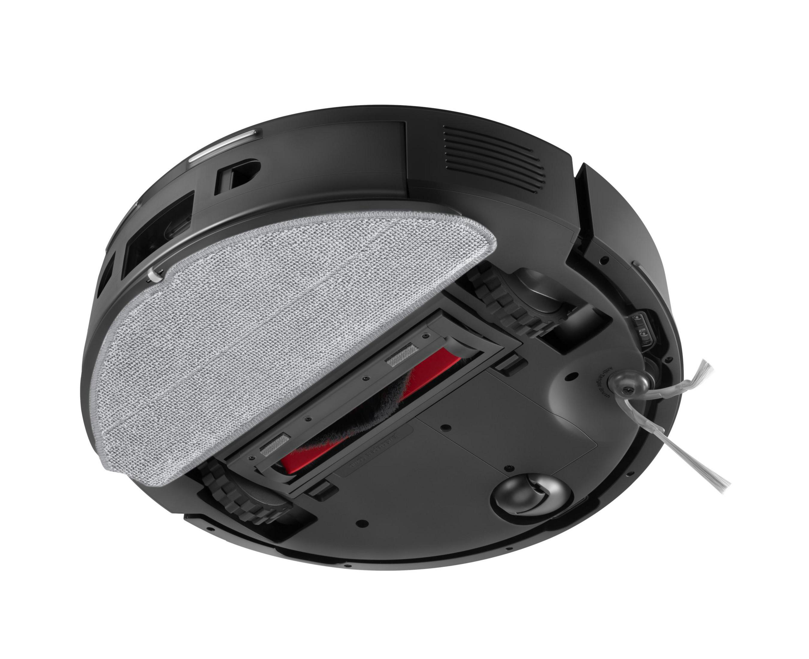 Aspirateur robot noir, vue de dessous. Comprend un tampon de nettoyage gris, une brosse rouge et une brosse latérale. Isolé sur fond blanc.