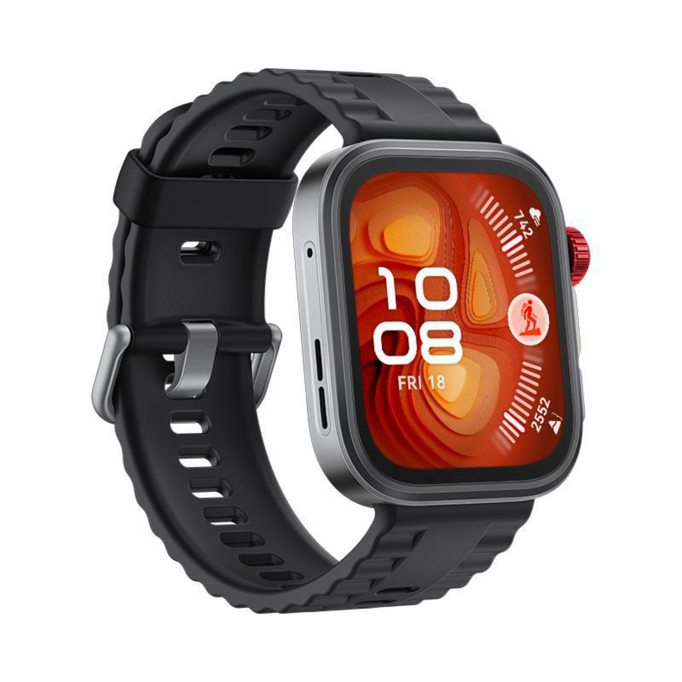 Eine schwarze Smartwatch mit silberner Lünette. Der Bildschirm zeigt Zeit und Fitnessdaten. Die Uhr hat ein schwarzes Armband und einen roten Knopf.