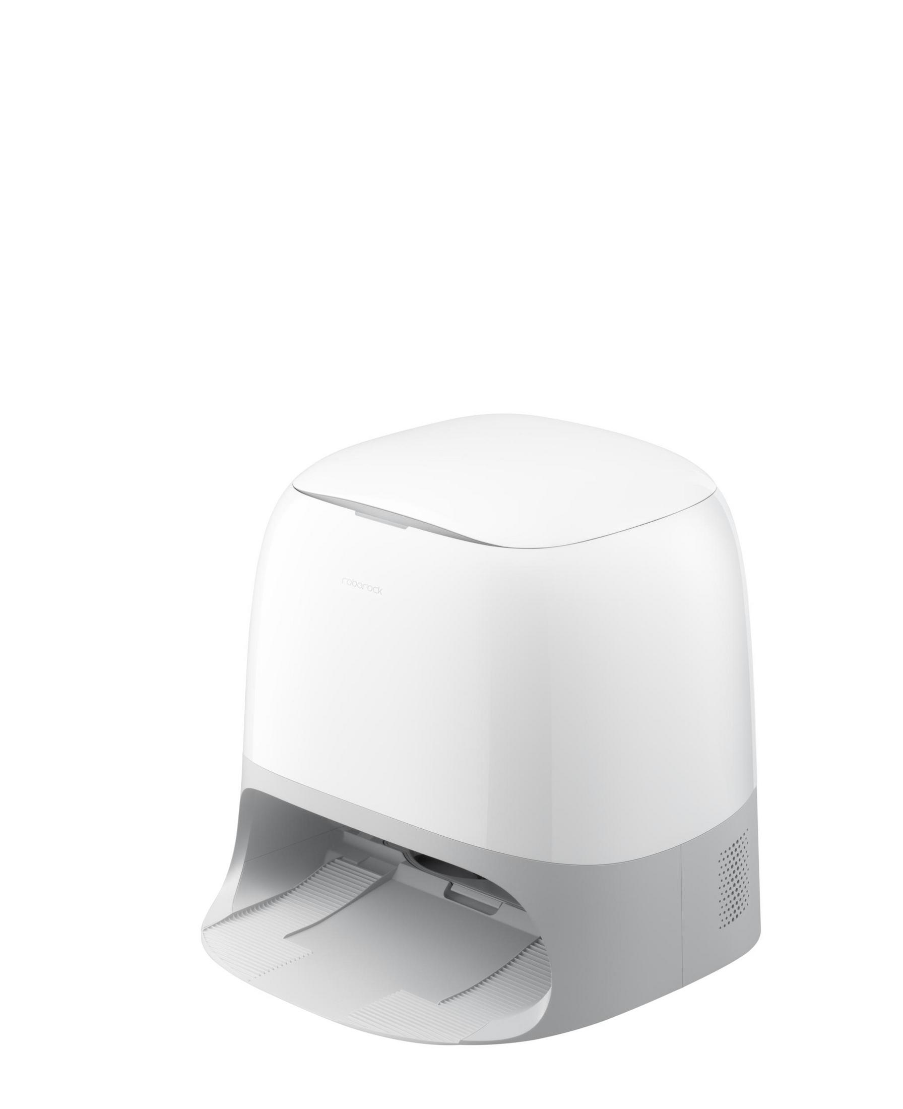 Biały i szary odkurzacz robot Roborock. Ma zakrzywioną górę, głowicę czyszczącą i stację dokującą.