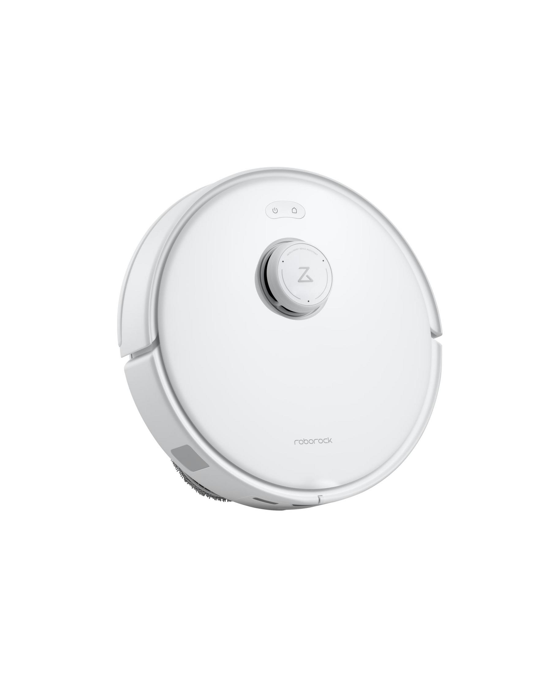 Biały, okrągły odkurzacz automatyczny. Ma centralny panel sterowania i markę Roborock. Tło jest białe.