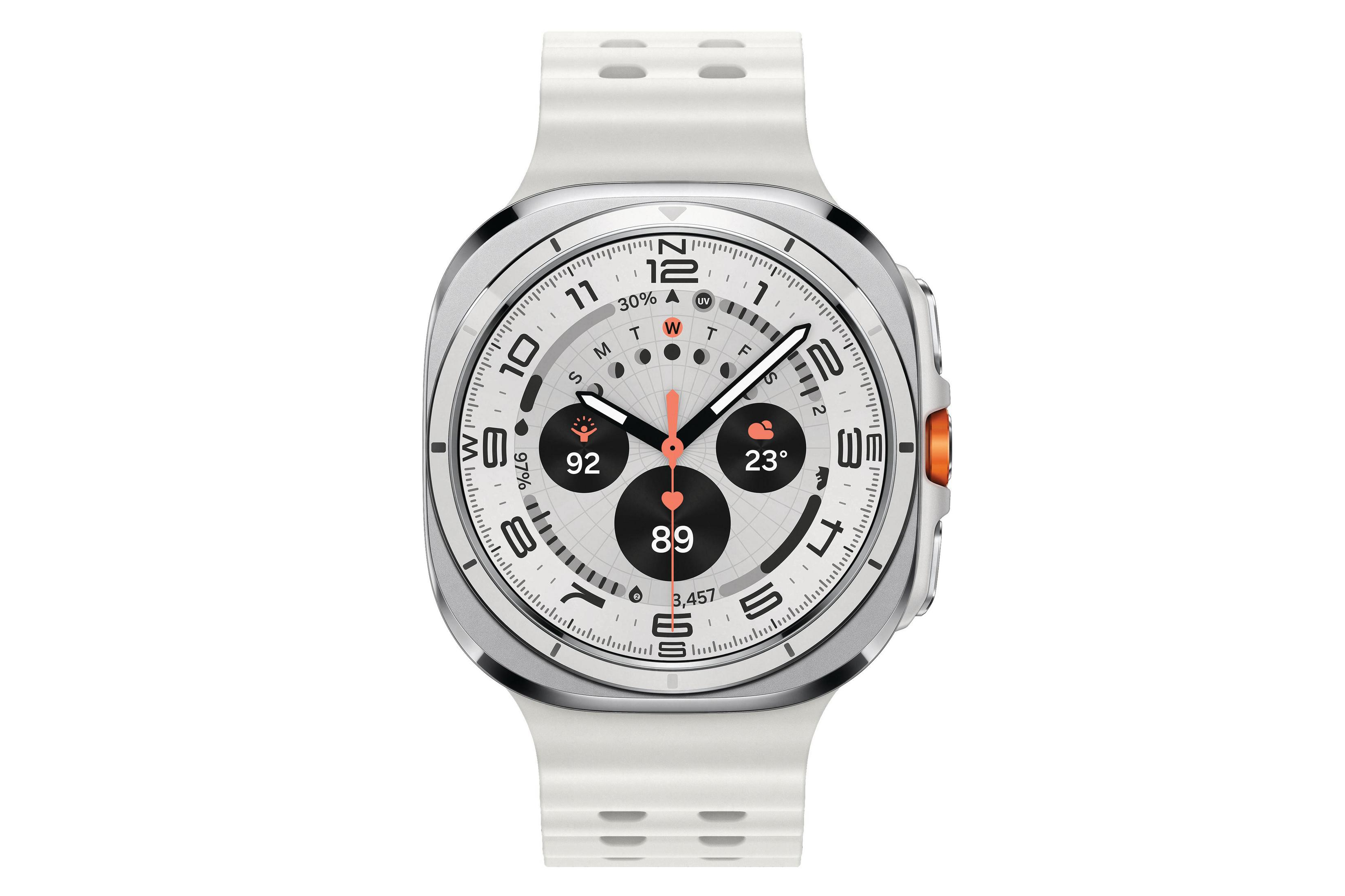 Een smartwatch met een witte band en een zilveren wijzerplaat. Toont tijd, gezondheidsgegevens en meldingen.