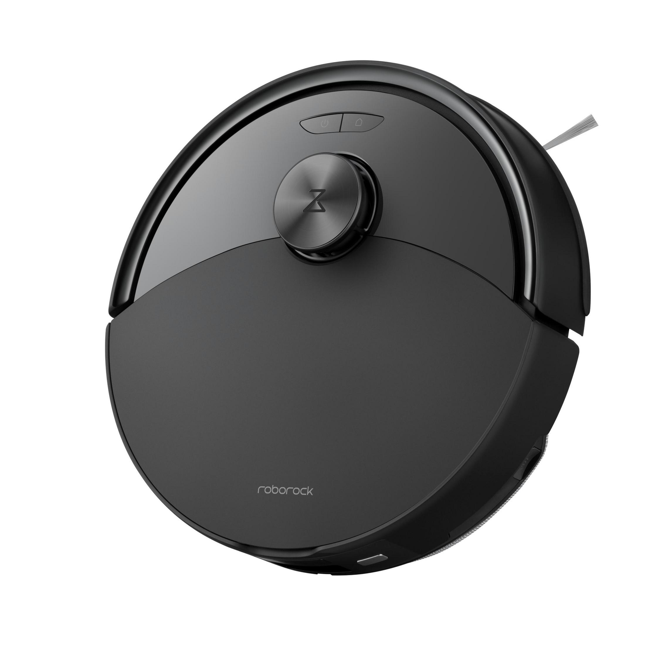 Czarny robot odkurzający. Ma okrągły kształt i centralny panel sterowania z przyciskiem. Nazwa marki to Roborock.