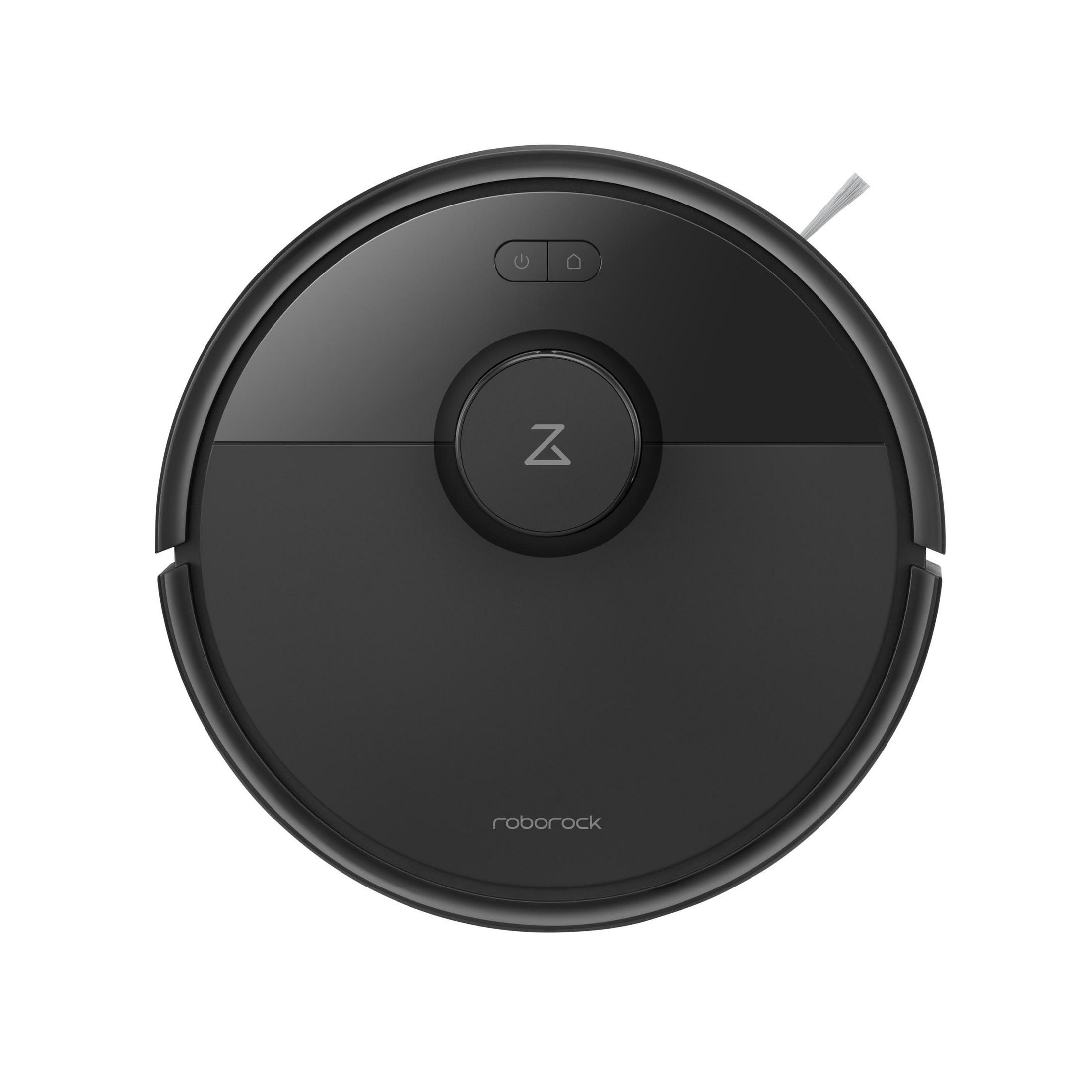 Black circular robot vacuum cleaner with buttons, a logo, and a rotating brush. Isolated against a white background.