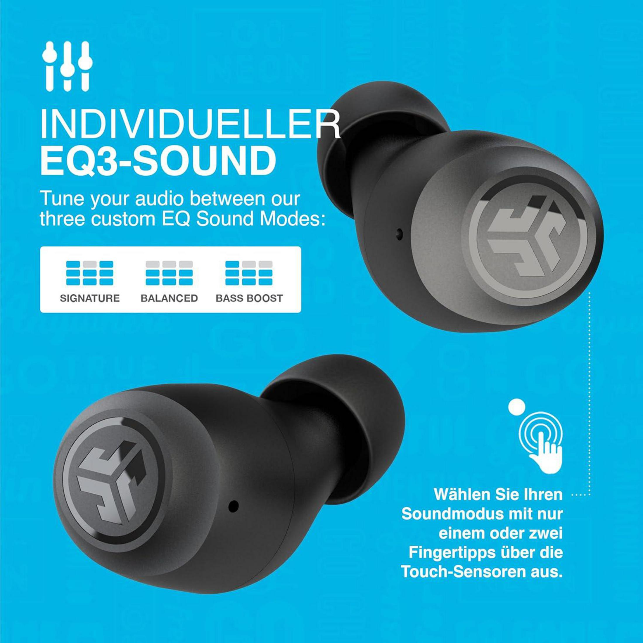 Czarne słuchawki z logo, tekstem 'EQ3-SOUND' i trzema trybami EQ. Niebieskie tło z niemieckim tekstem o wyborze trybu dźwięku.