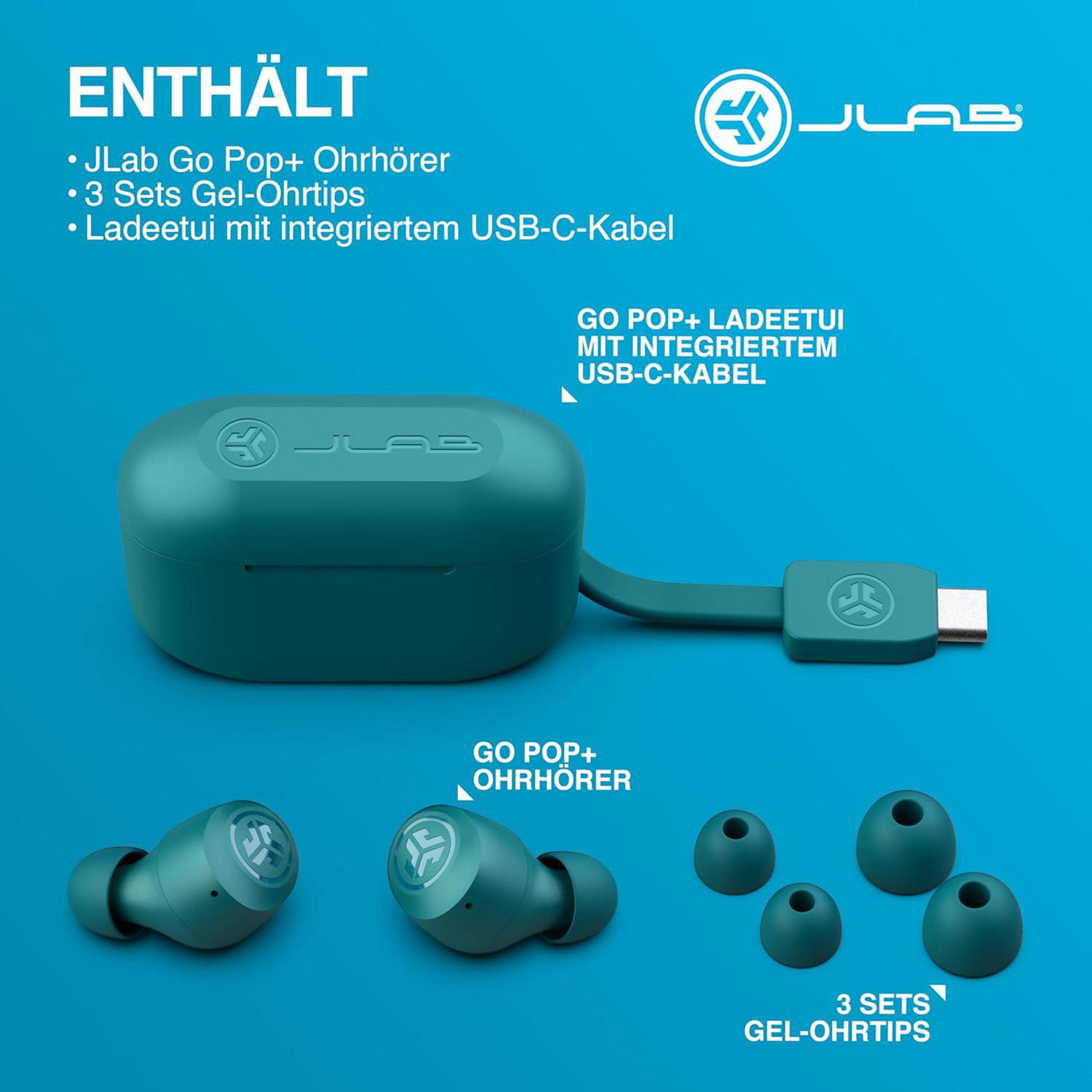 Obraz przedstawia słuchawki JLab Go Pop+, etui ładujące i żelowe wkładki douszne na niebieskim tle.