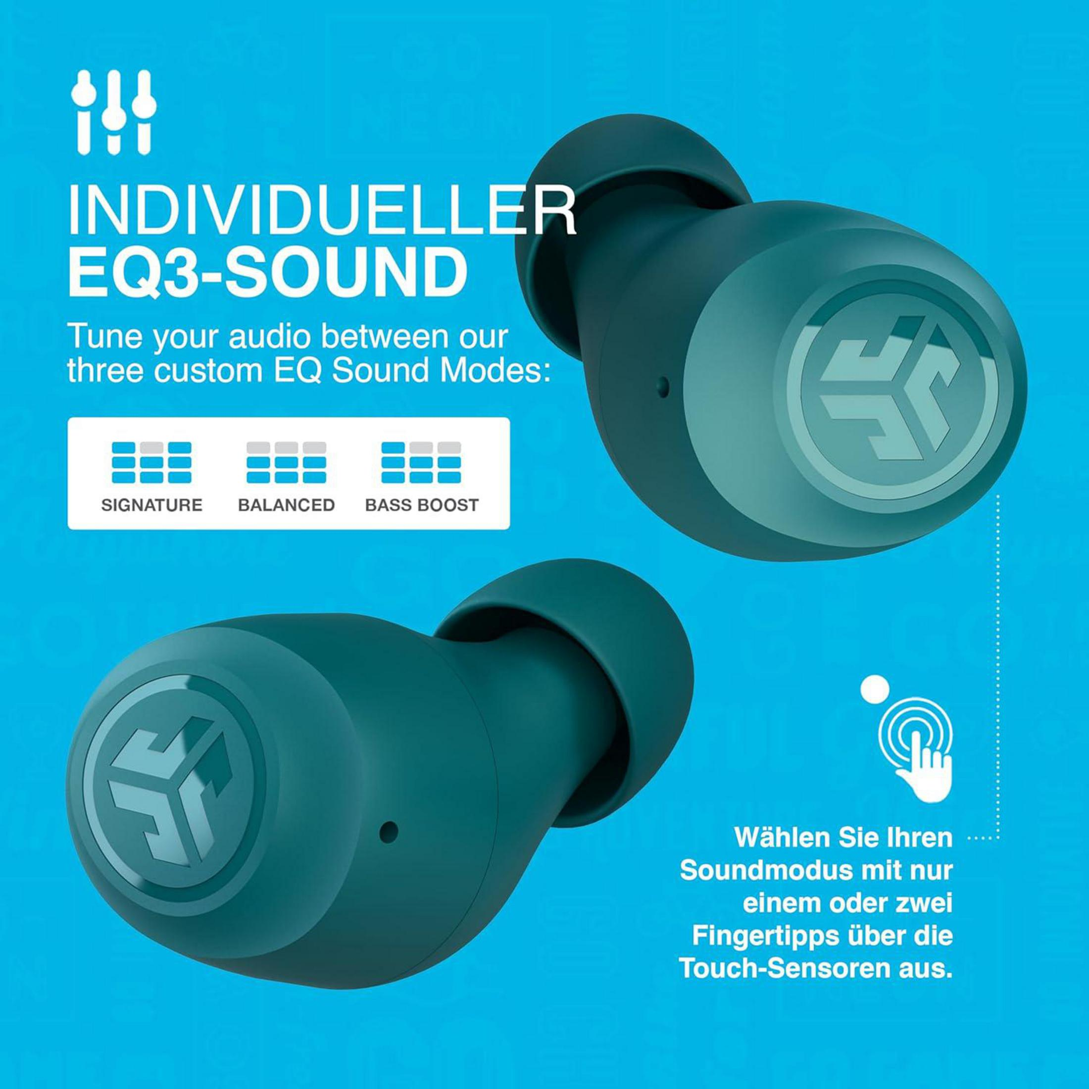 Turkusowe słuchawki z logo i tekstem. EQ3-SOUND oferuje tryby signature, balanced i bass boost. Czujniki dotykowe aktywują tryby.