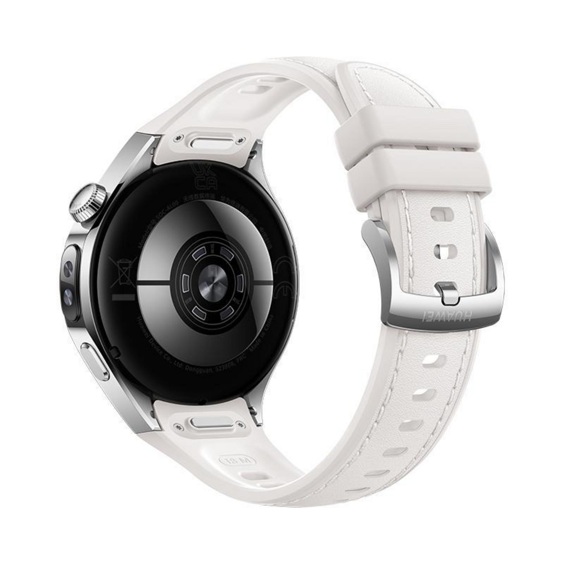 Een Huawei smartwatch met een witte band. De wijzerplaat is zwart en de band is wit. Het horloge staat op een witte achtergrond.