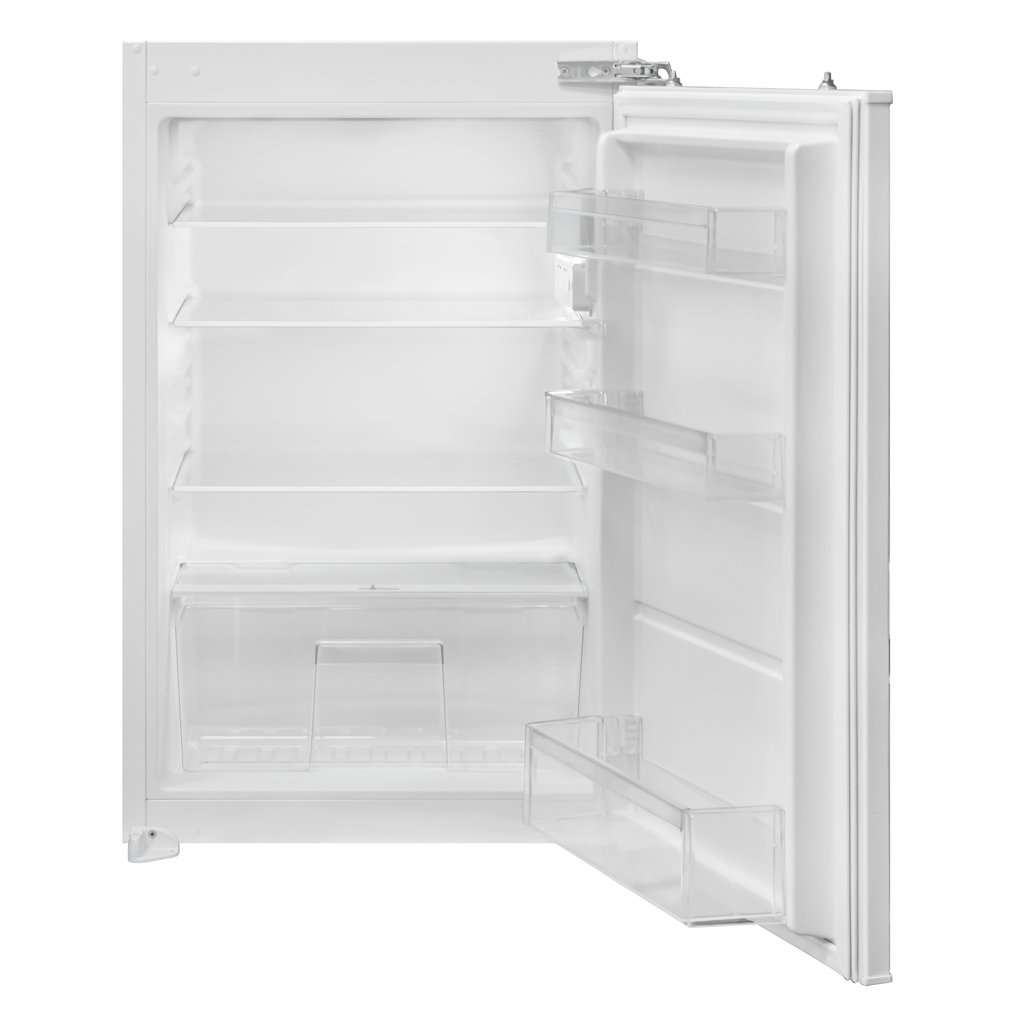 An open, empty white refrigerator. It has clear plastic shelves and door compartments. The door is open, showing the interior.