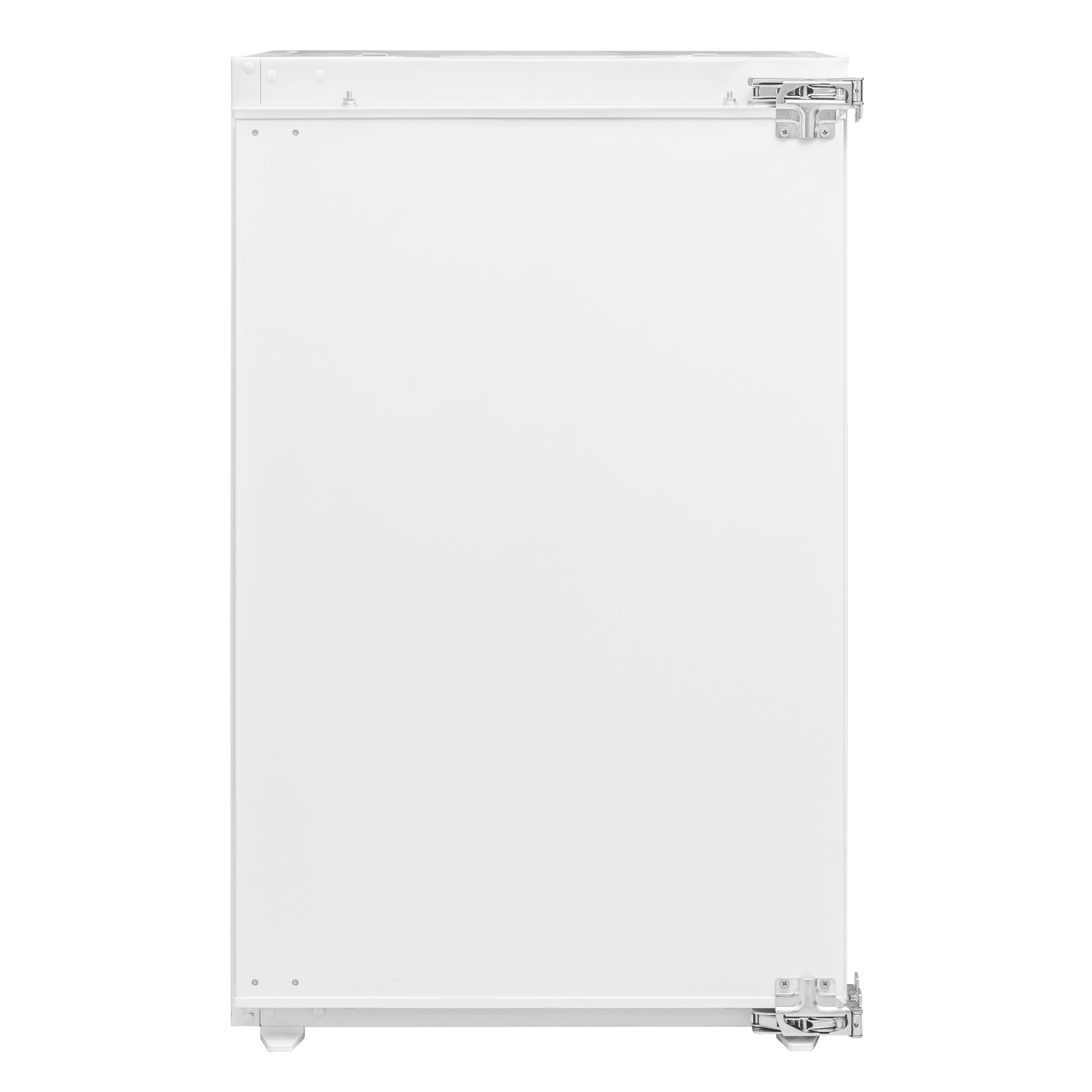 A white cabinet door with hinges, handle, and mounting hardware. The background is plain white.