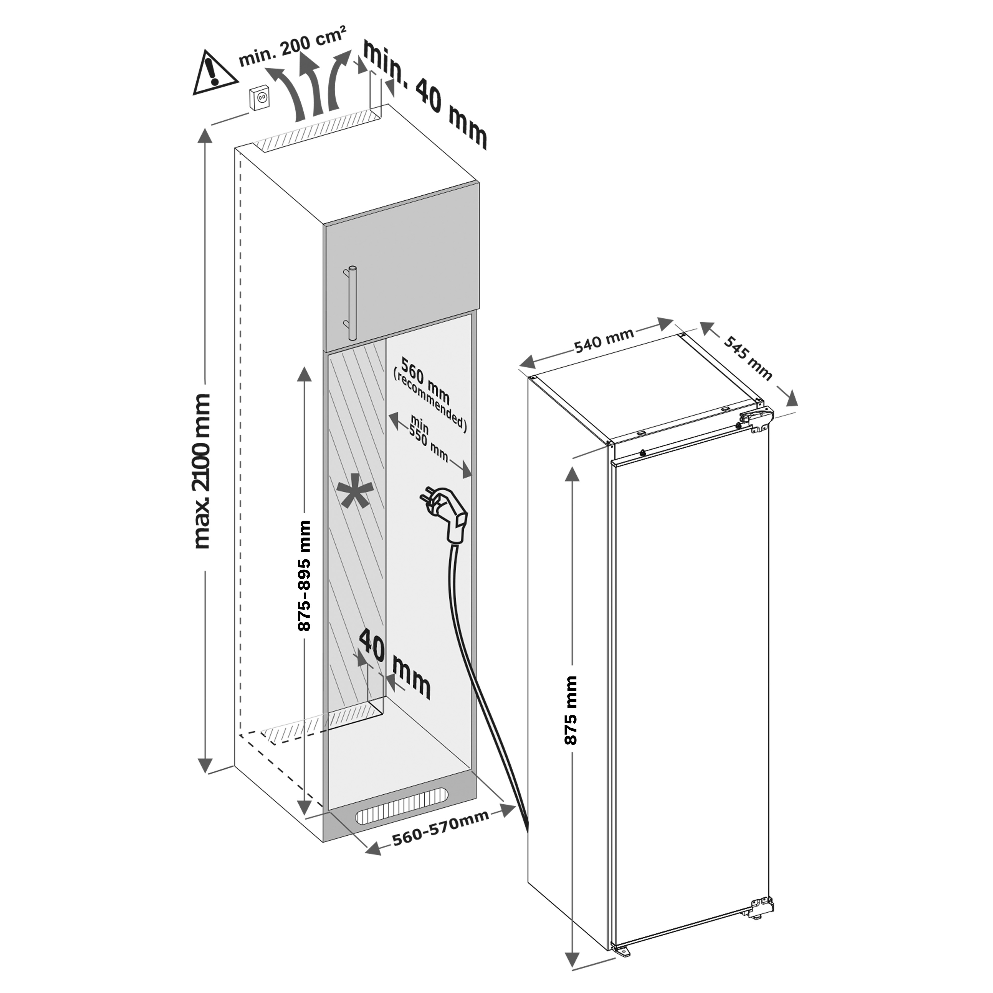 Diagram showing dimensions and ventilation requirements for a refrigerator. Includes measurements in mm, and warning symbols.