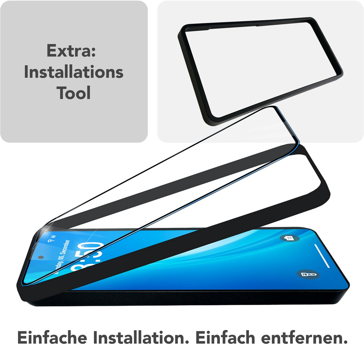 Un téléphone avec un protecteur d'écran en cours d'installation. La scène montre le téléphone et le protecteur. Le texte mentionne une installation et un retrait faciles.