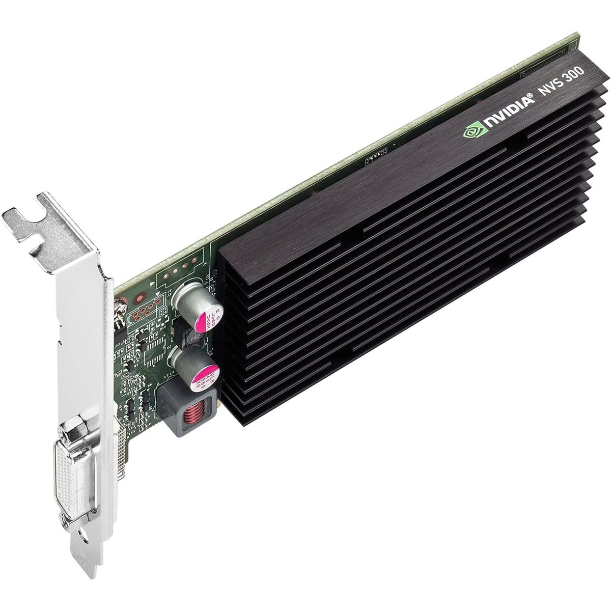 Scheda grafica, dissipatore nero con logo NVIDIA NVS 300, circuito stampato verde e porta argento.