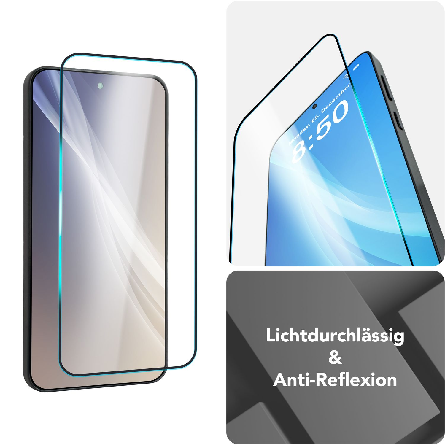 Un téléphone avec un protecteur d'écran est montré. Le protecteur est transparent et a un cadre noir. L'écran affiche une horloge.