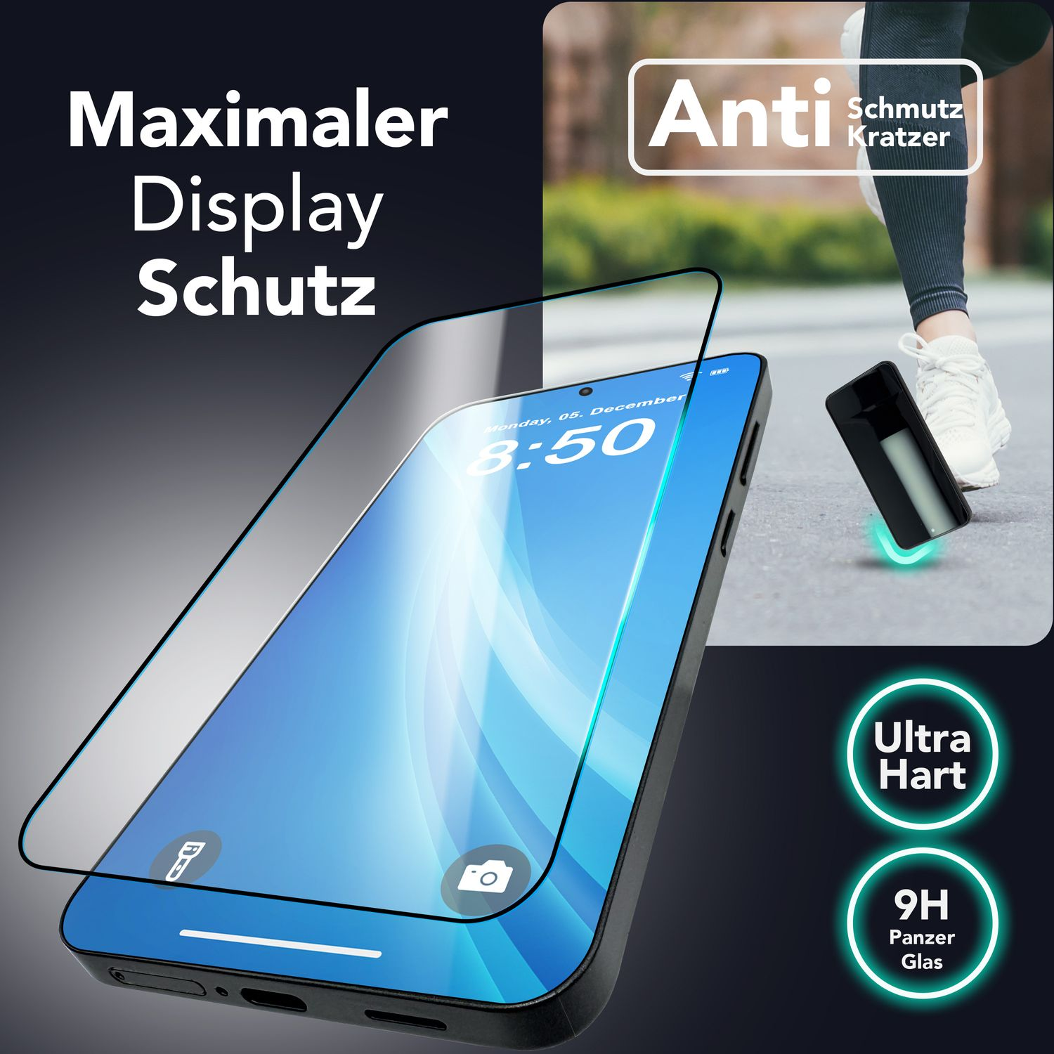 Un téléphone avec un protecteur d'écran est affiché. Le texte comprend 'Maximaler Display Schutz', 'Anti Schmutz Kratzer', et 'Ultra Hart'.