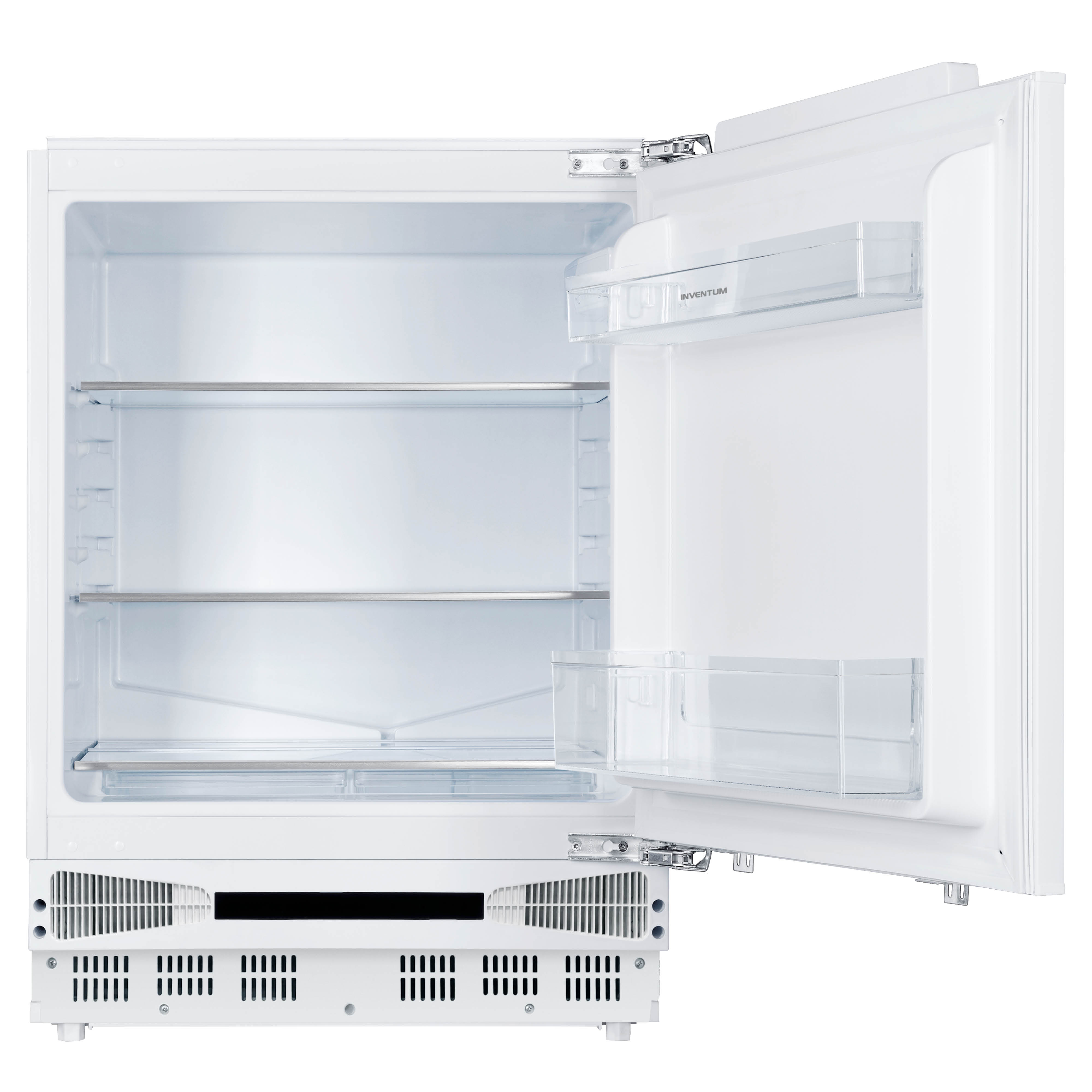 White refrigerator with an open door. Inside are shelves and a drawer. The door has a storage compartment. The background is white.