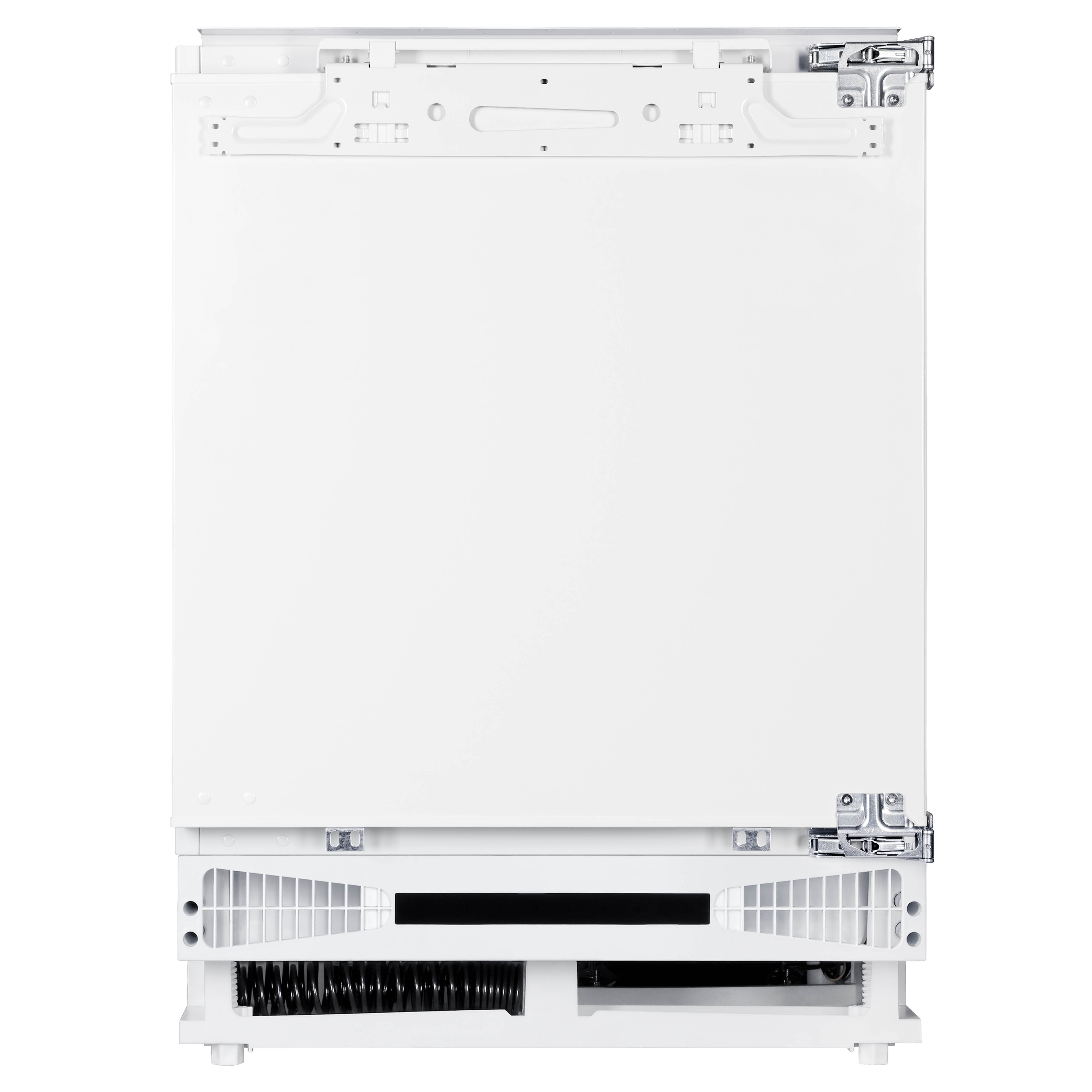 A white, rectangular appliance door with metal hinges and a lower vent area, set against a white background.