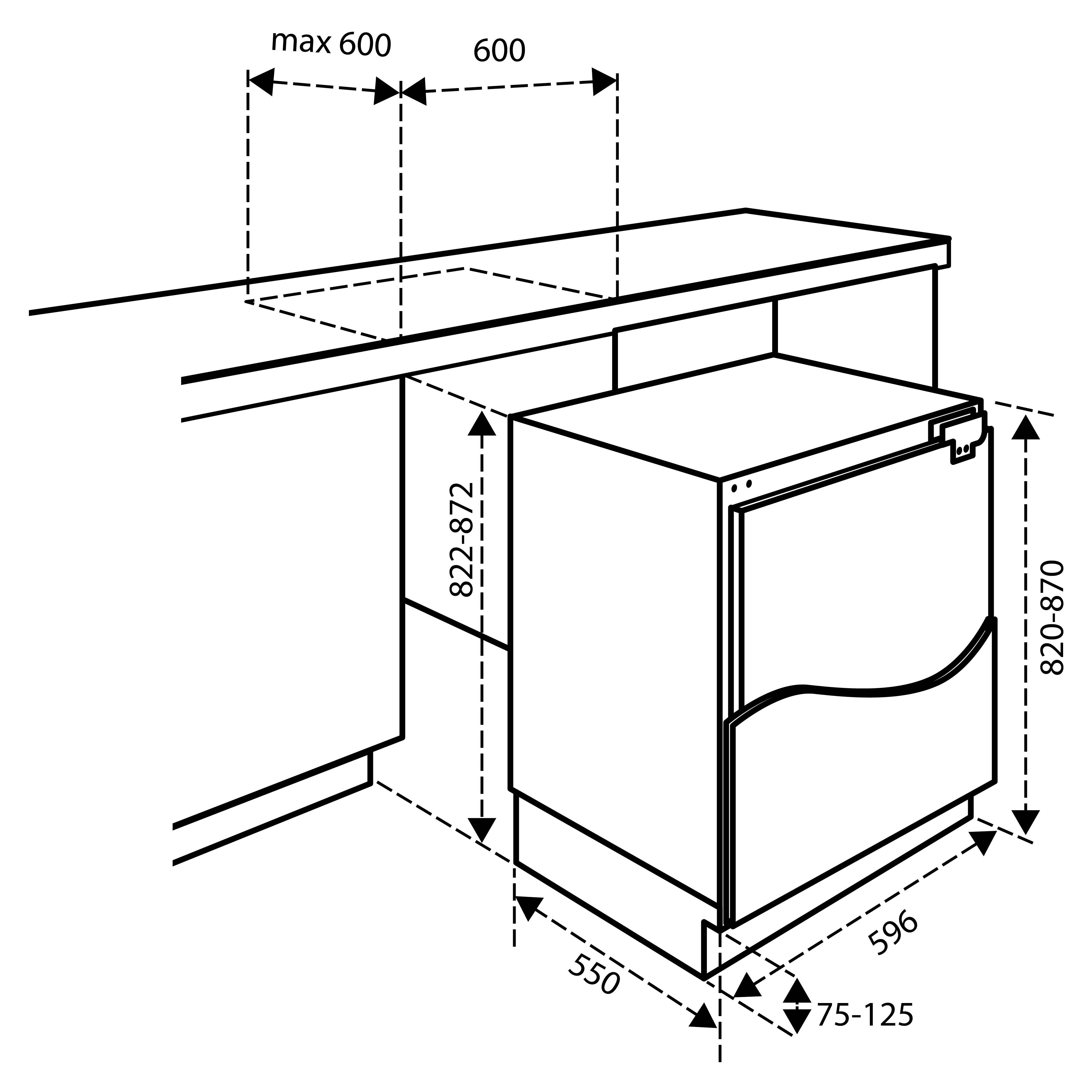 Diagram of a dishwasher installation, with dimensions in millimeters. Includes measurements of width, height, and depth for installation.
