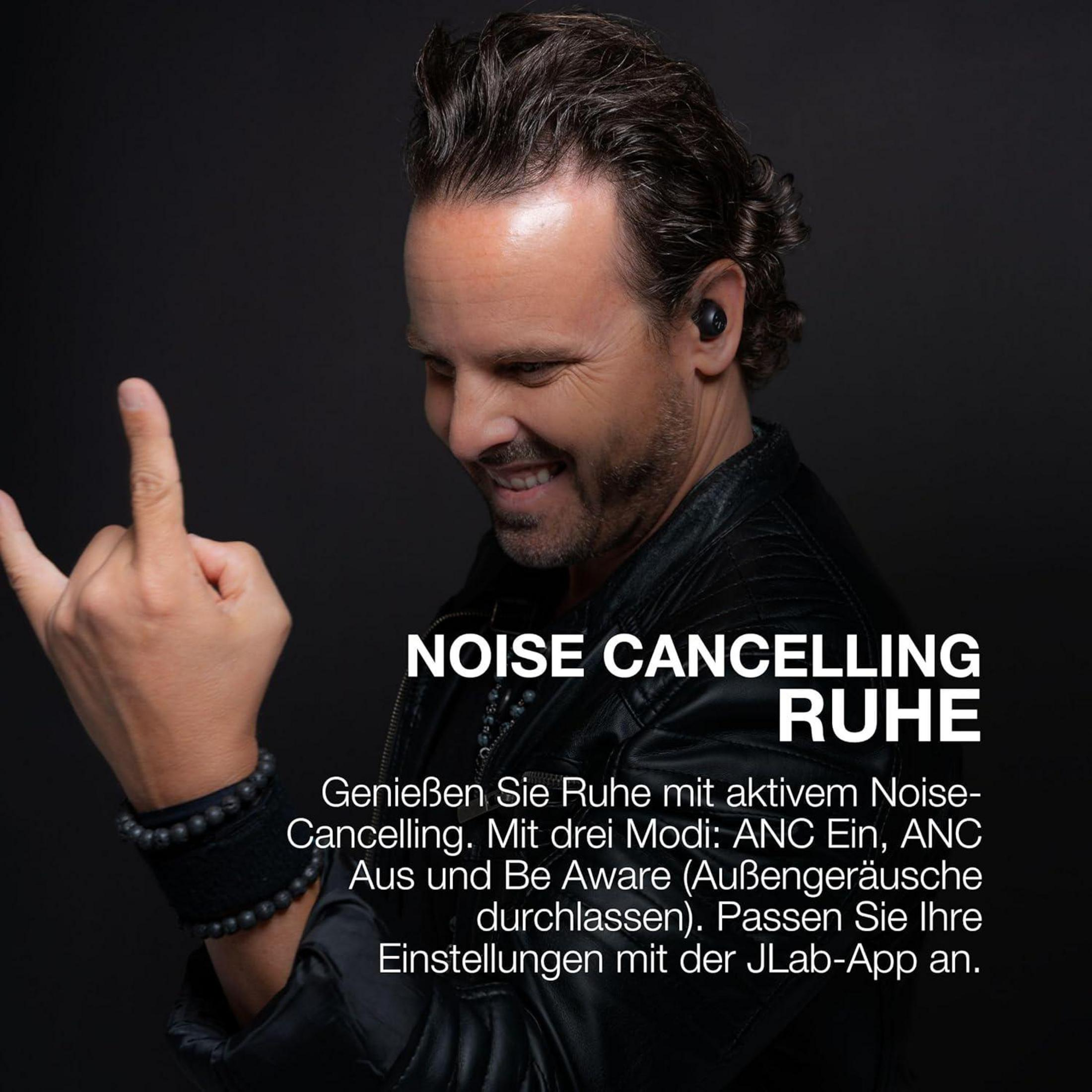 Mężczyzna nosi słuchawki, gestykulując znakiem rocka. Obraz promuje słuchawki z redukcją szumów z nakładką tekstową.