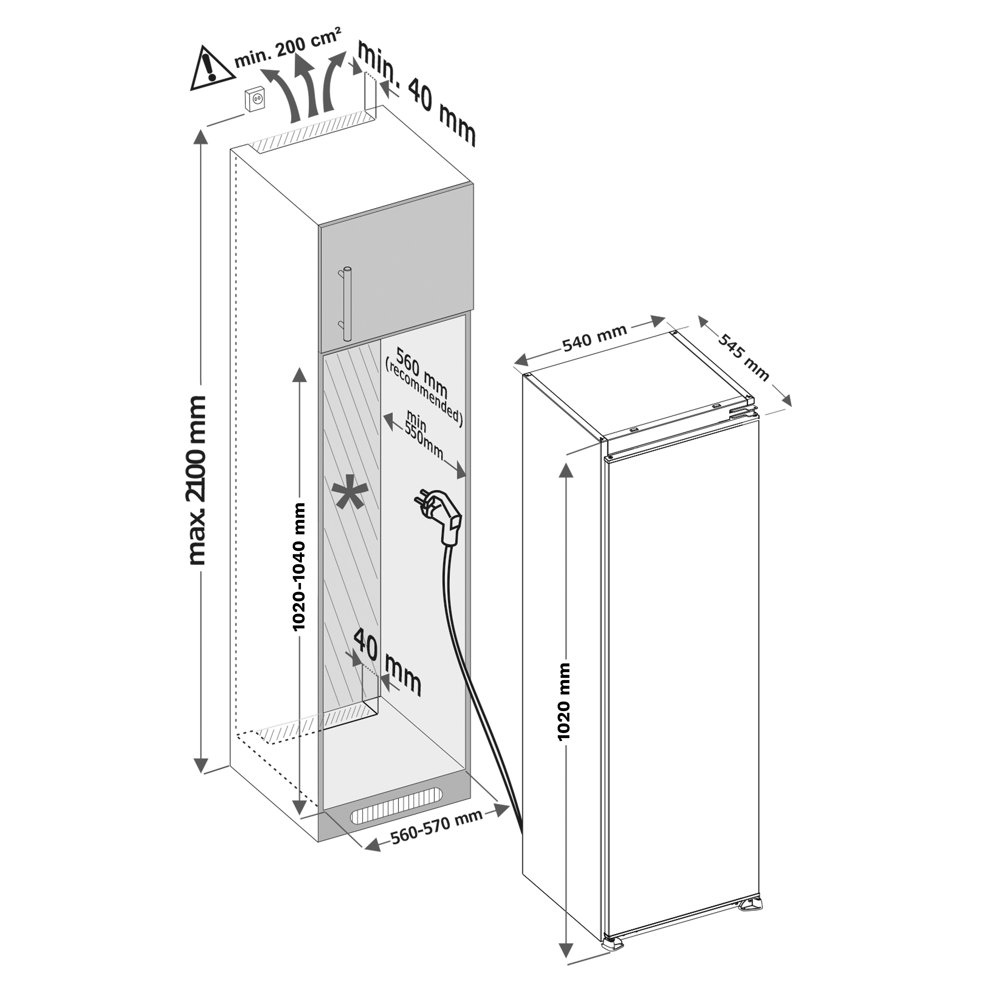 Diagram van een koelkast met afmetingen. Toont hoogte, breedte en diepte in millimeters. Waarschuwingssymbool voor ventilatieruimte.