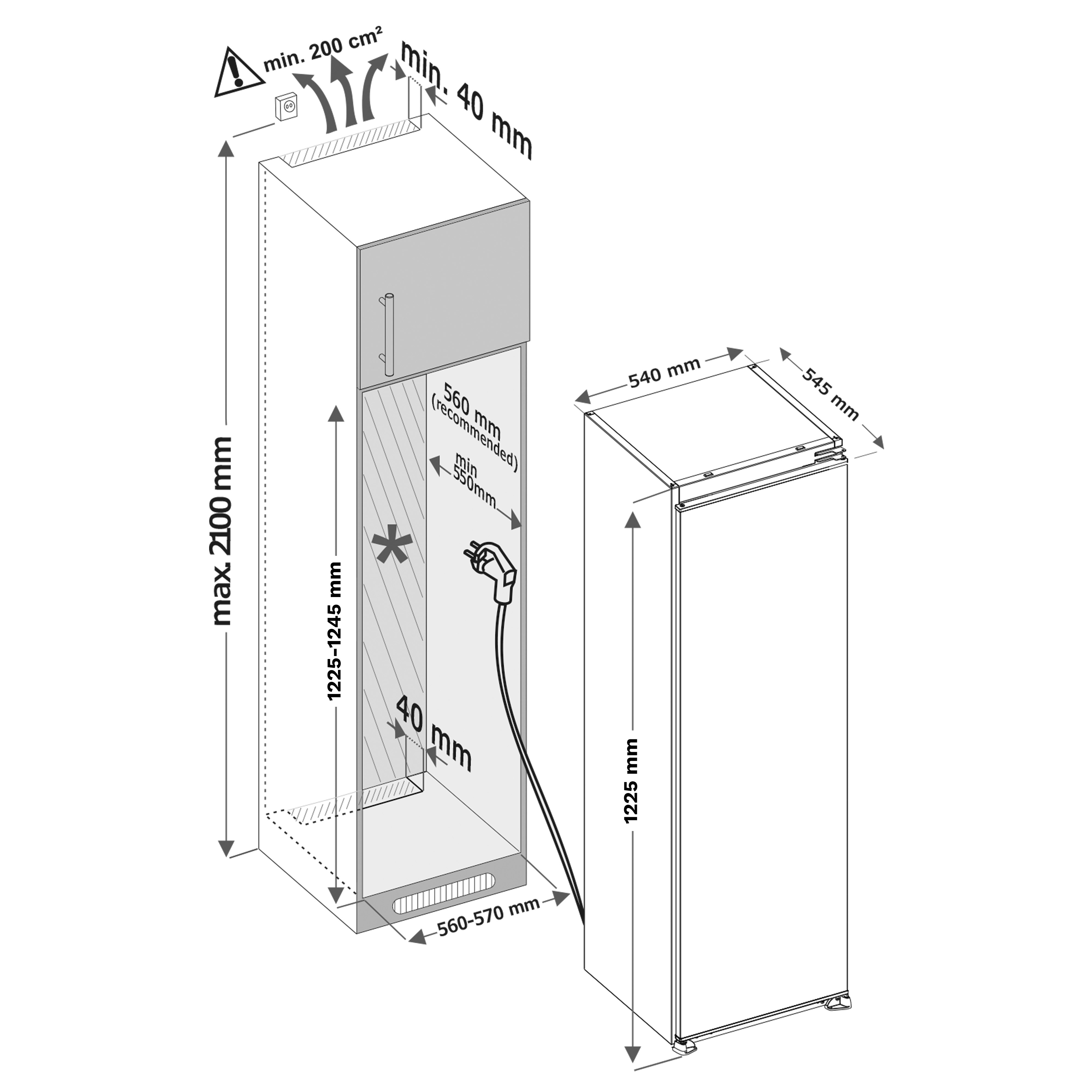 Diagram shows dimensions for appliance installation. Includes measurements in mm, and a warning symbol. Two appliance outlines are shown.